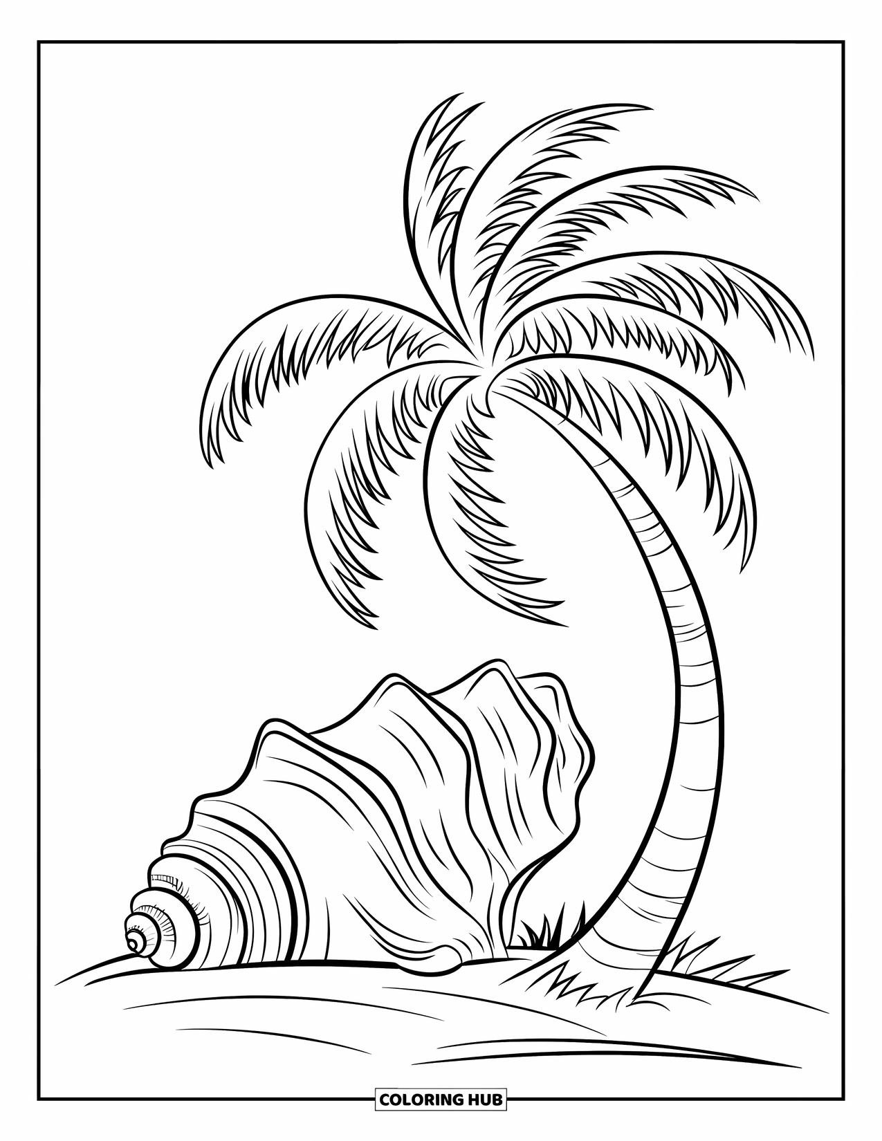 Palm Tree Coloring Page for Kids: Palm tree and patterned seashell on the sand under a calm sky