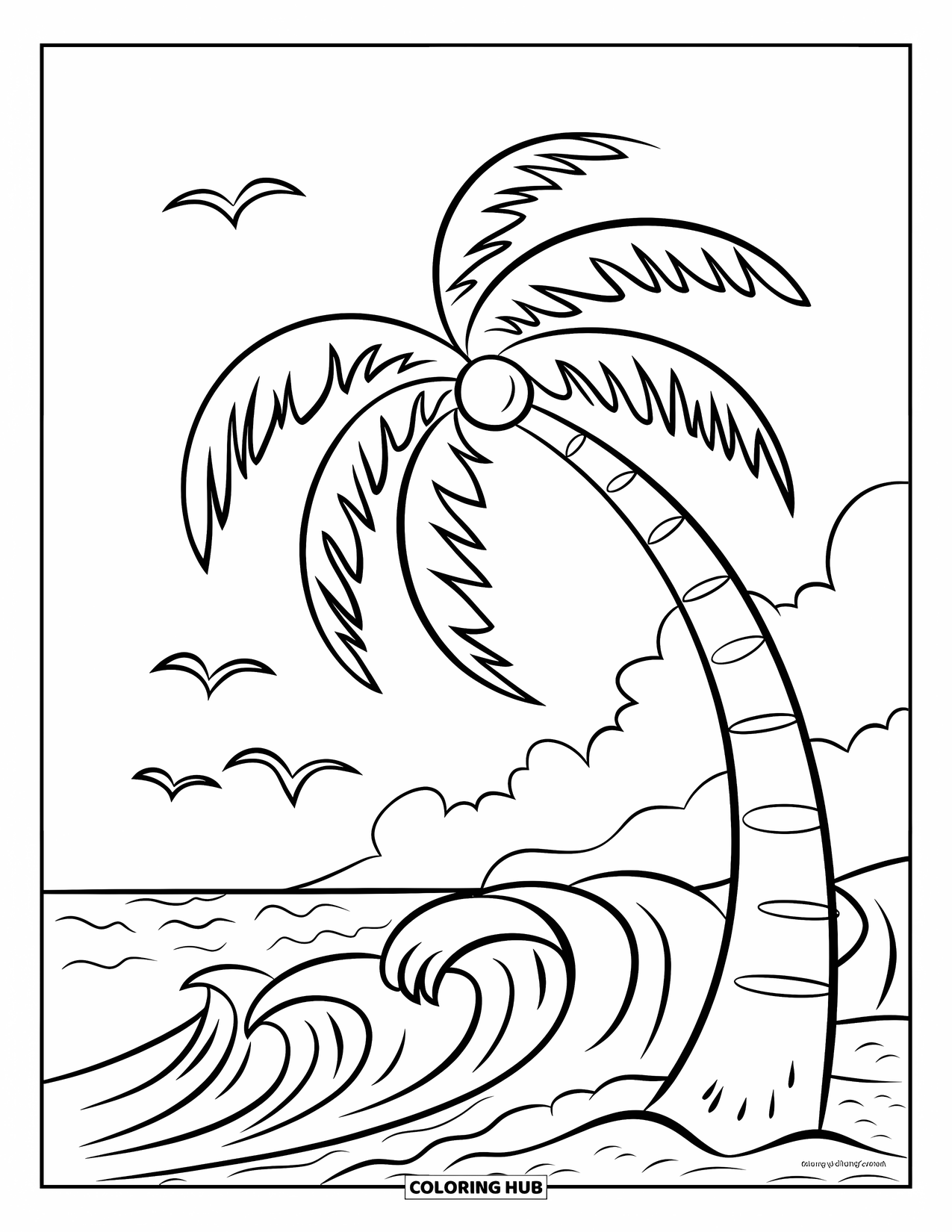 Palm Tree Coloring Page for Kids: Palm tree bends by the sea with coconuts and birds flying above