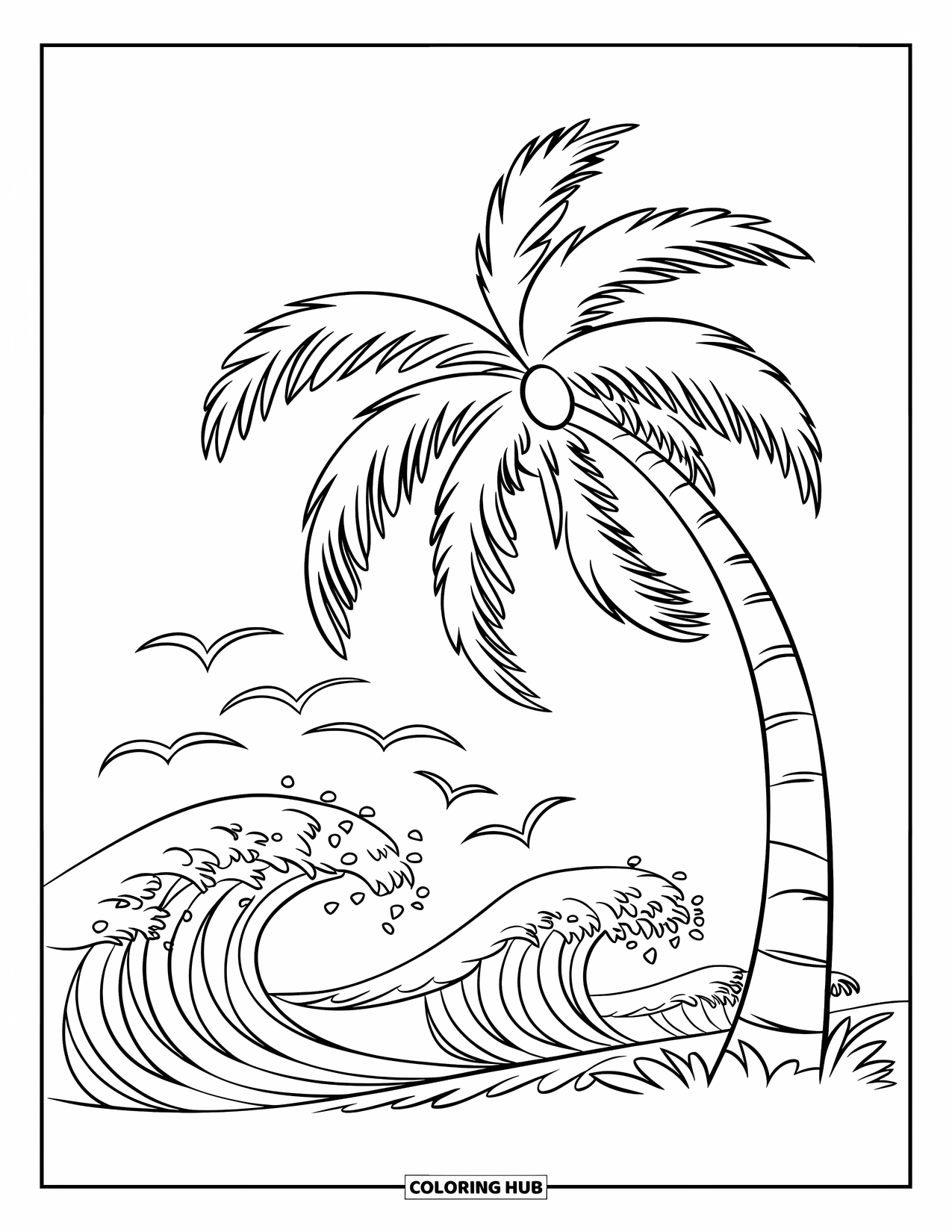 Palm Tree Coloring Page for Kids: Palm tree bends with the breeze beside foamy waves and birds overhead