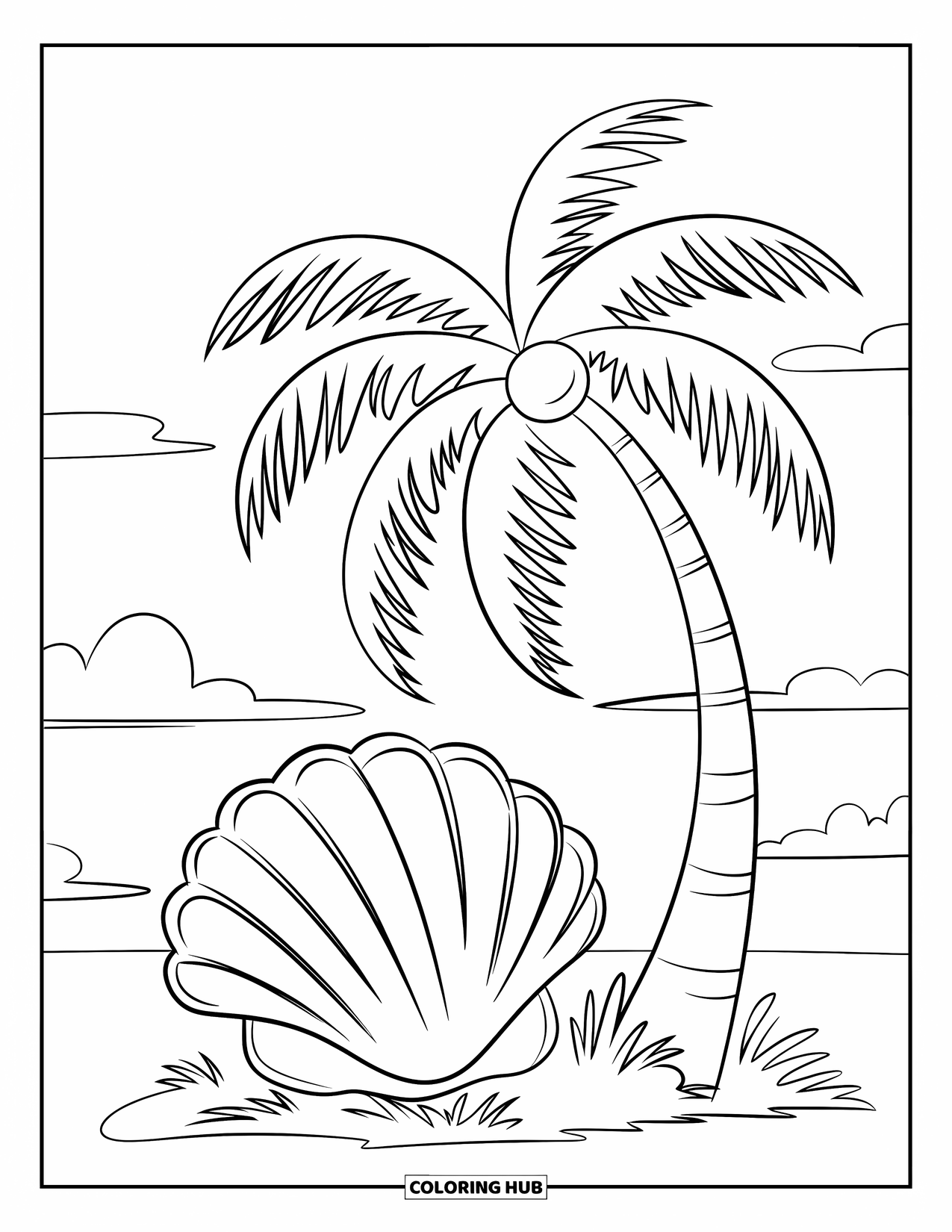 Palm Tree Coloring Page for Kids: Palm tree swaying beside a big seashell under a clear sky