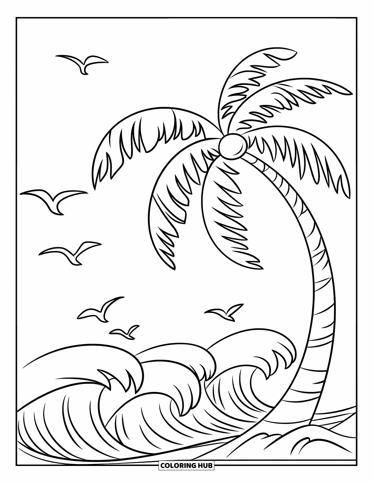 Palm Tree Coloring Page for Kids: Palm tree sways near the ocean with crashing waves and flying birds