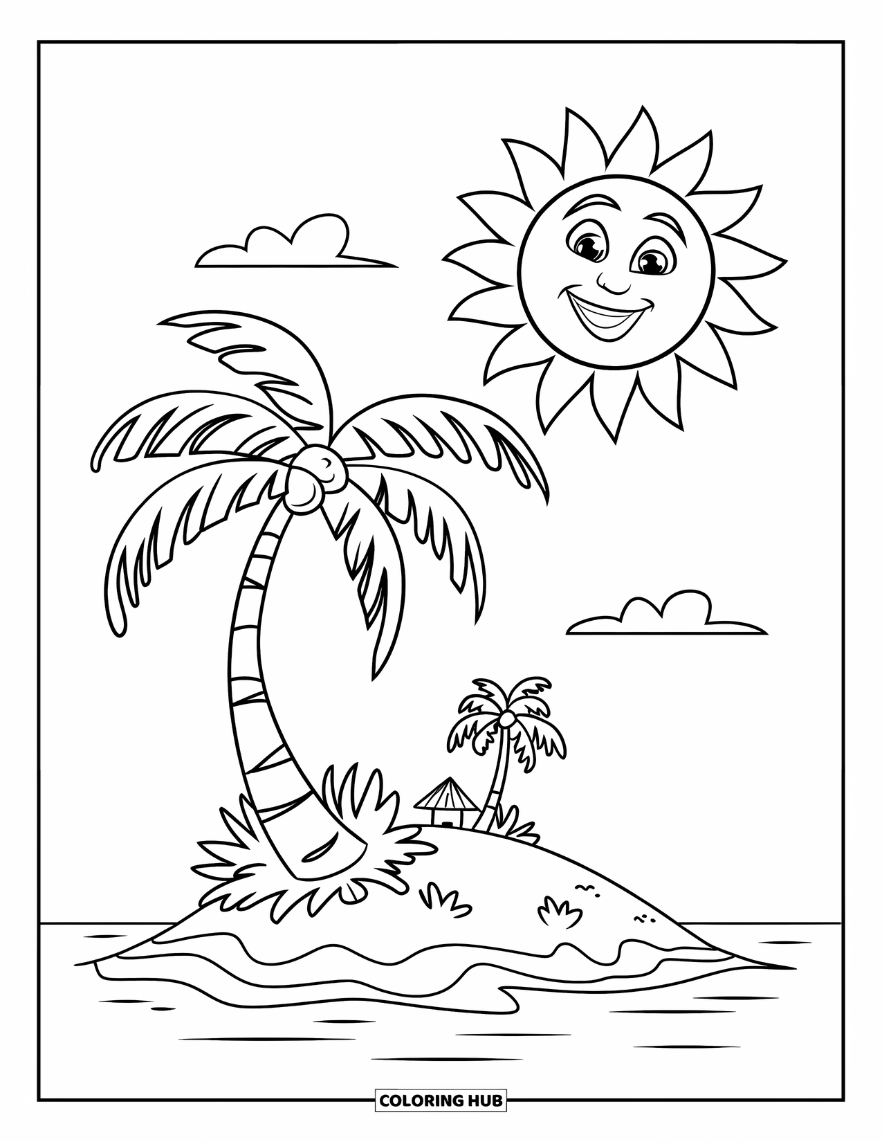 Palm Tree Coloring Page for Kids: Palm tree with coconuts on a small island under a smiling sun