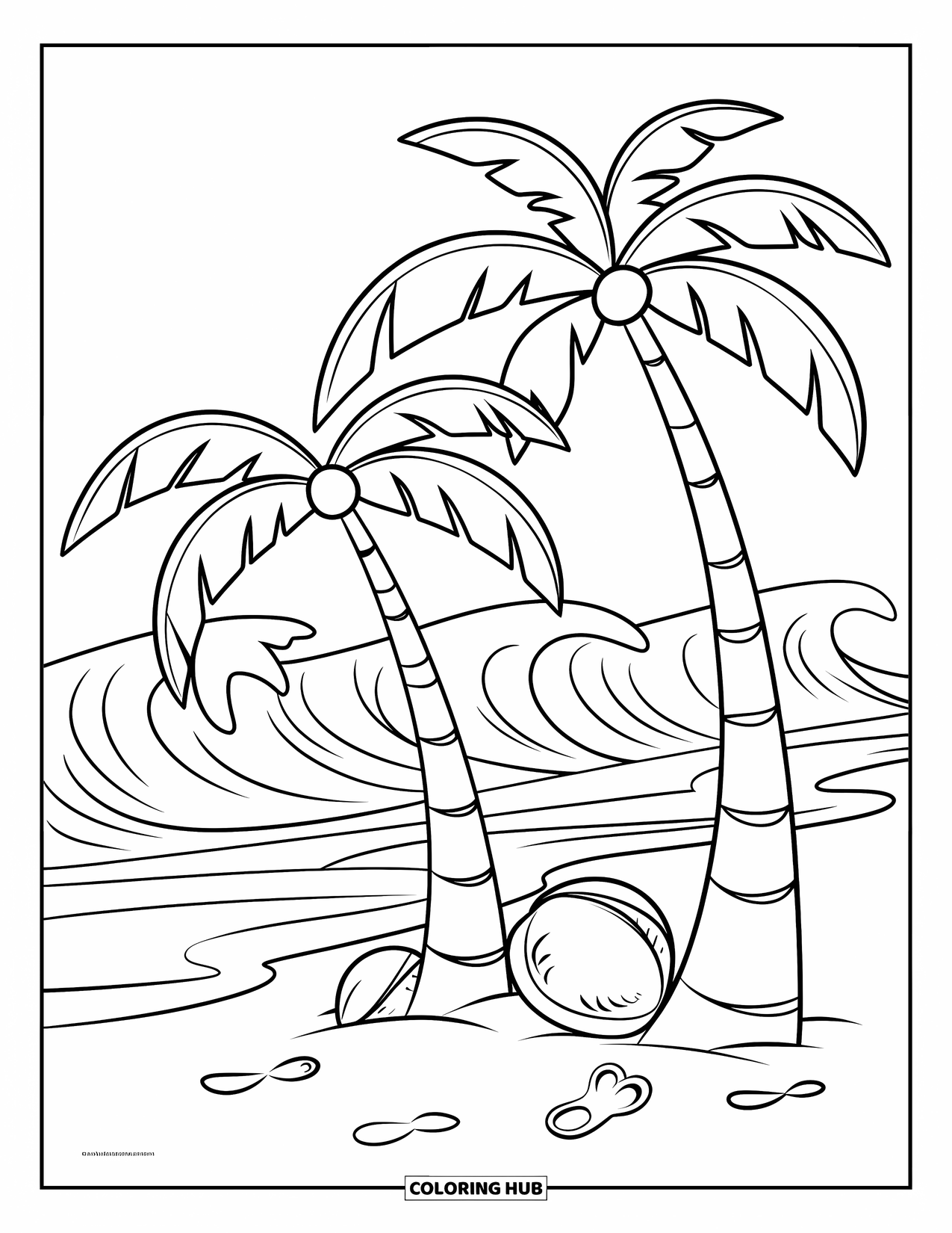 Palm Tree Coloring Page for Kids: Palm trees drop coconuts on a sandy beach with footprints and waves