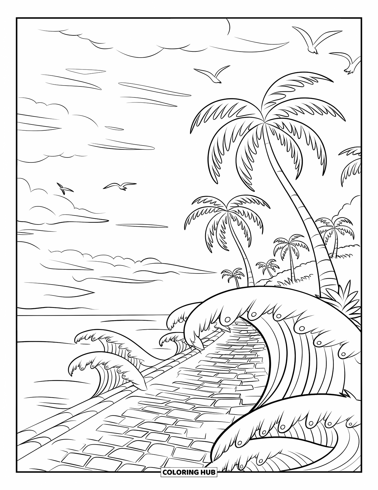 Palm Tree Coloring Page for Kids: Palm trees line a coastal path with cobblestones and seagulls flying above