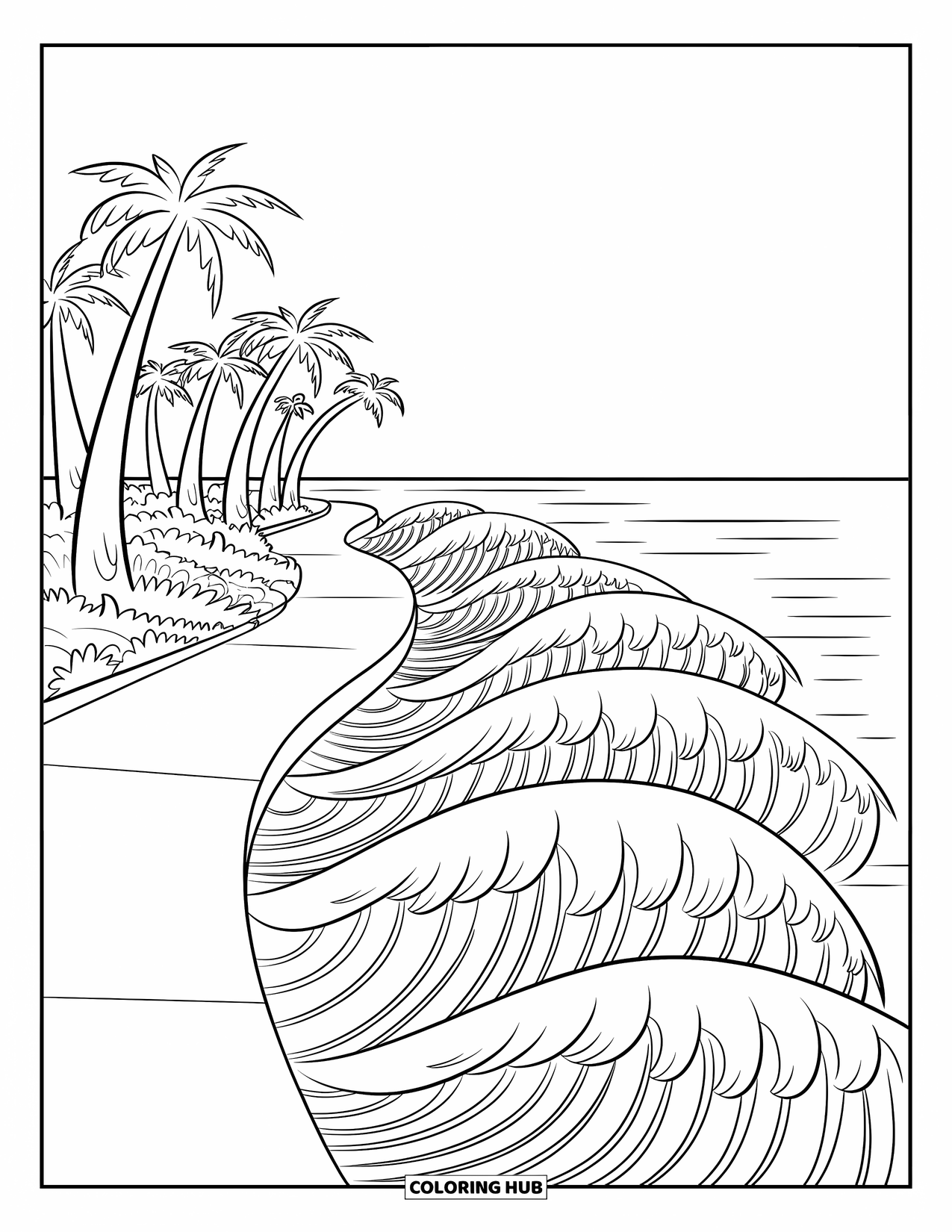Palm Tree Coloring Page for Kids: Palm trees line a winding coastal path with big crashing waves