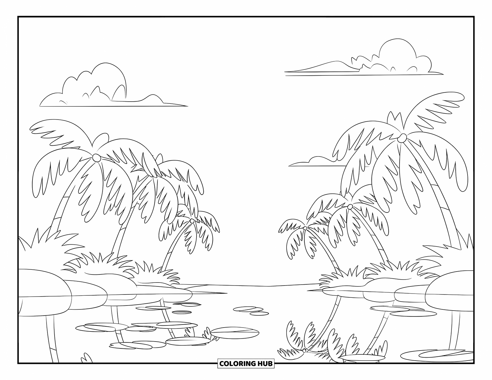 Palm Tree Coloring Page for Kids: Palm trees sway beside a lagoon with floating leaves and a few clouds above