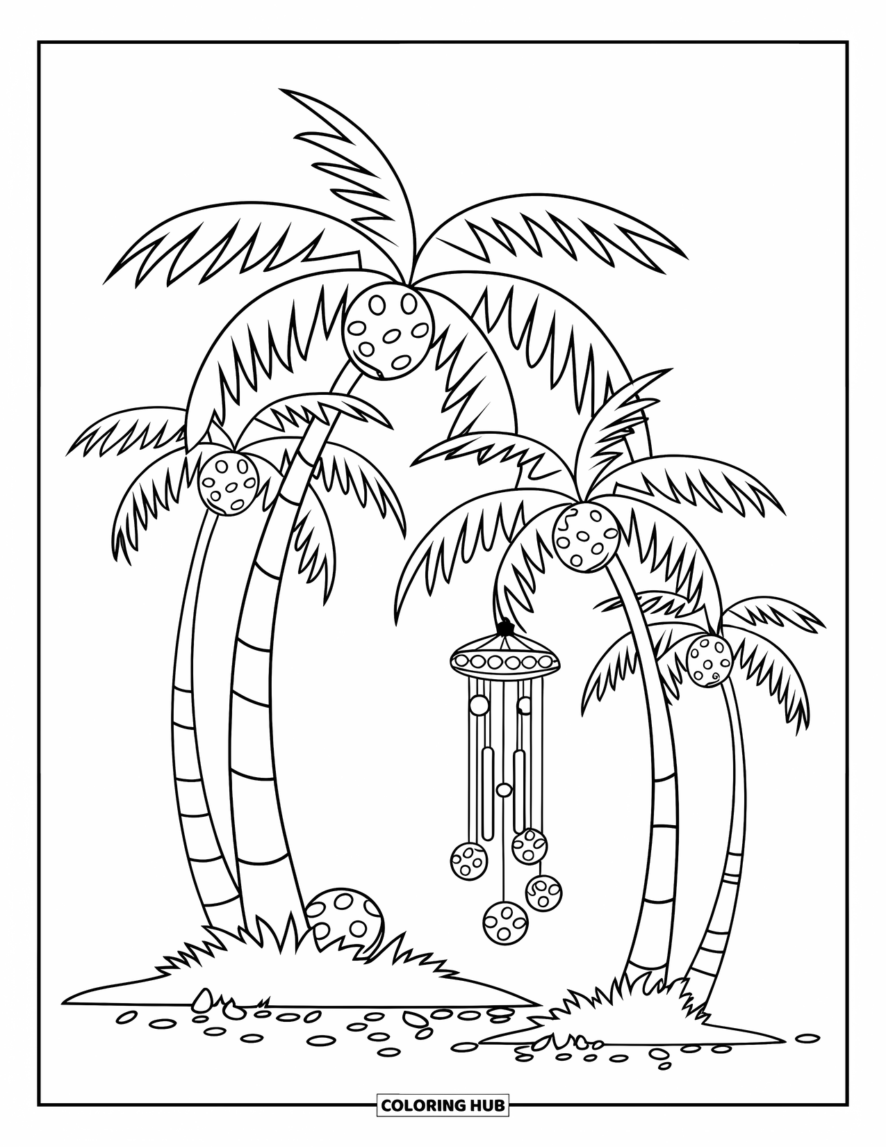 Palm Tree Coloring Page for Kids: Palm trees with coconuts sway beside a breezy wind chime and pebbled ground