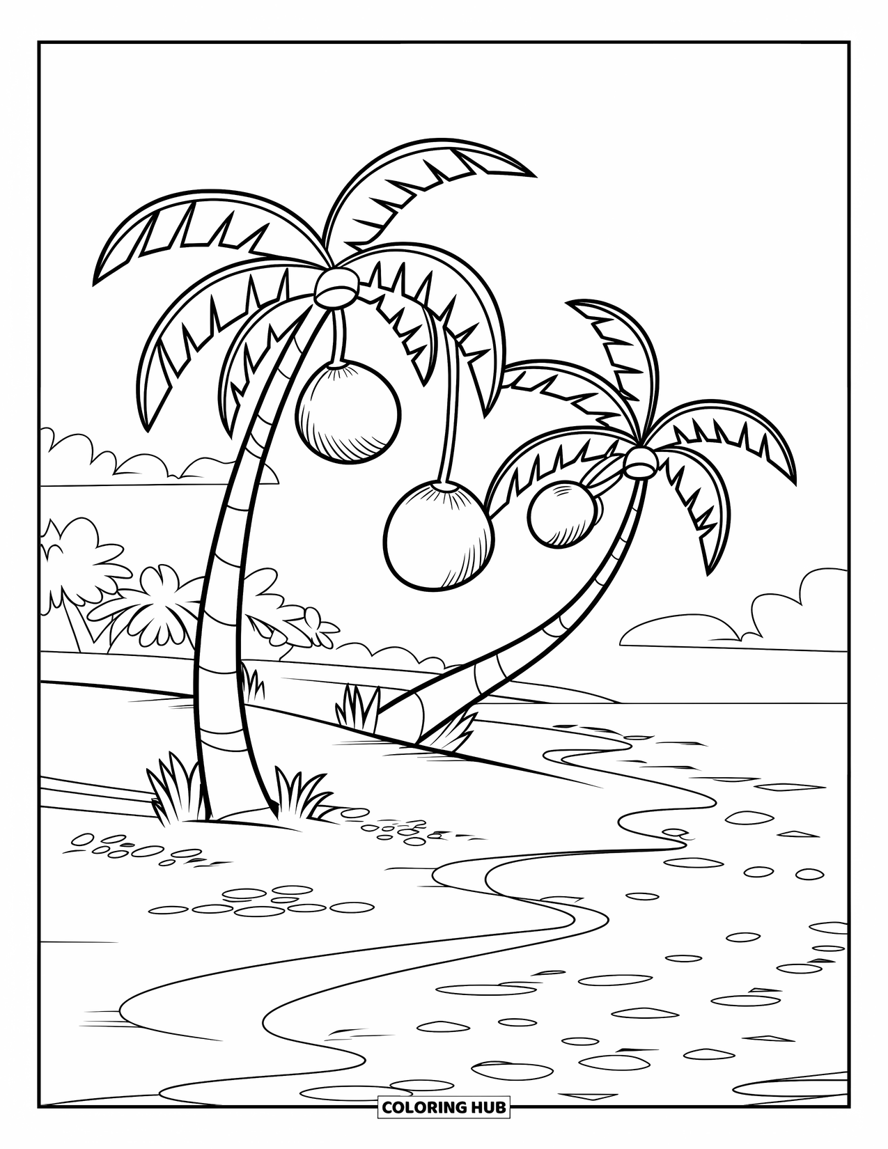 Palm Tree Coloring Page for Kids: Playful palm trees with falling coconuts and footprints on a bright beach