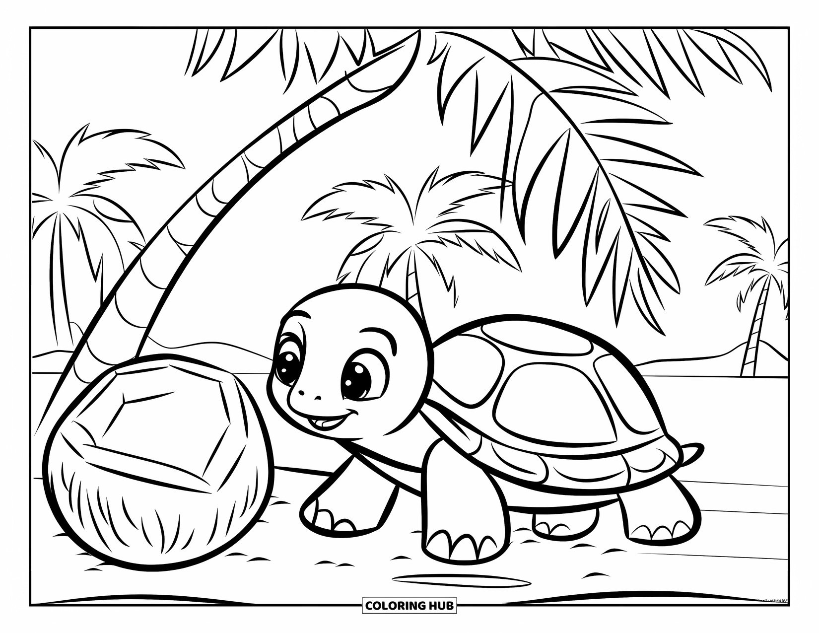 Palm Tree Coloring Page for Kids: Turtle with a round shell crawling by a coconut under palm trees