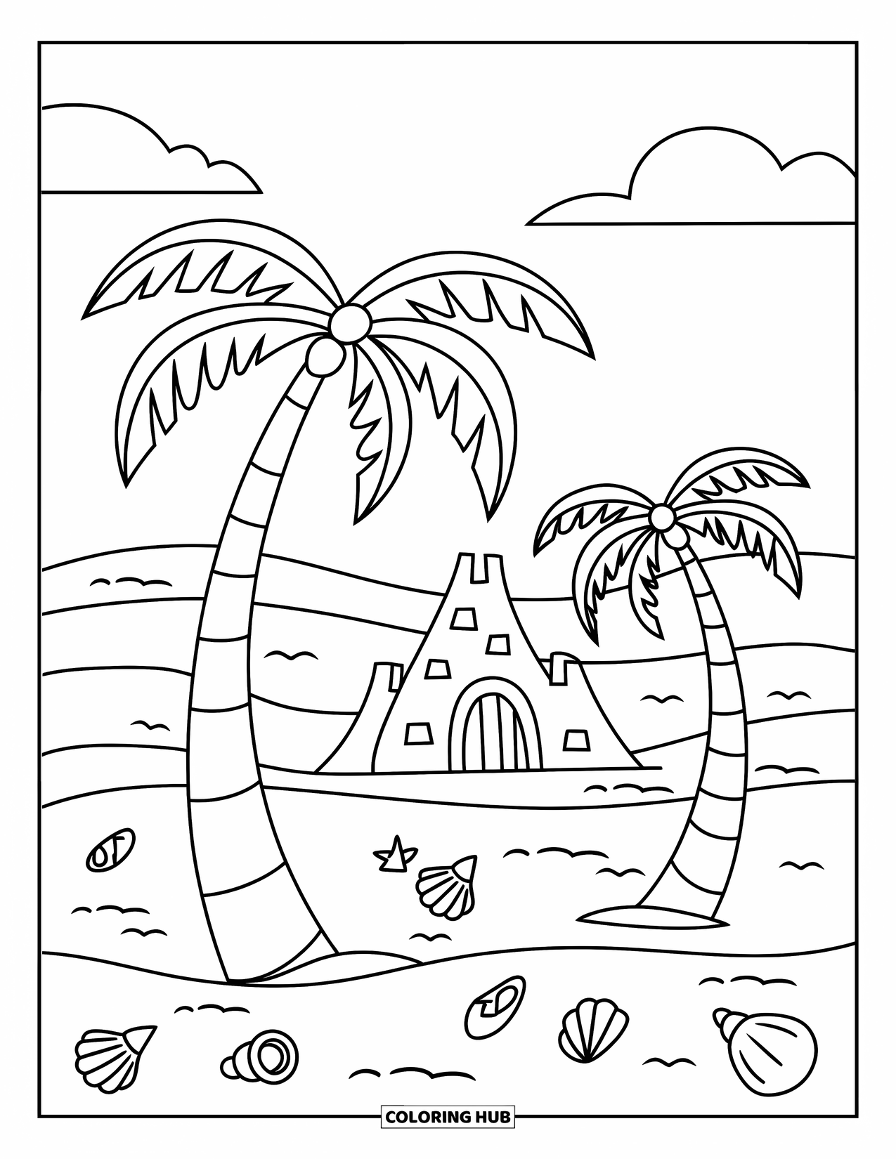 Palm Tree Coloring Page for Kids: Two palm trees with a sandcastle and seashells on a sunny beach
