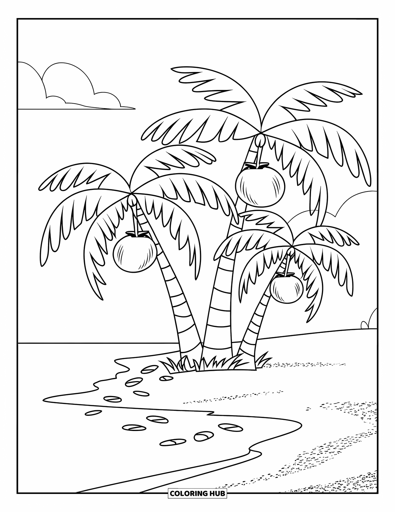 Palm Tree Coloring Page for Kids: Two playful palm trees with falling coconuts and footprints in the sand