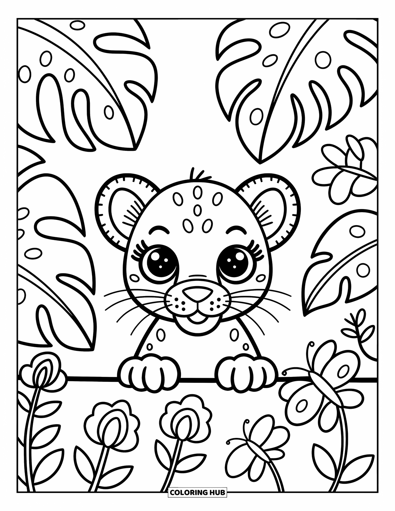 Panther Coloring Page for Adults: A baby panther peeks playfully from leaves while butterflies flutter close