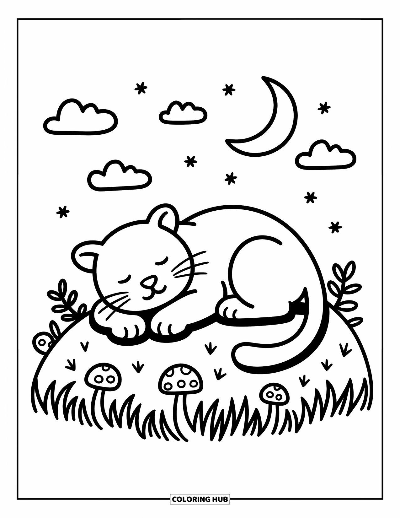 Panther Coloring Page for Adults: A baby panther sits calmly with a curled tail and a tiny hat