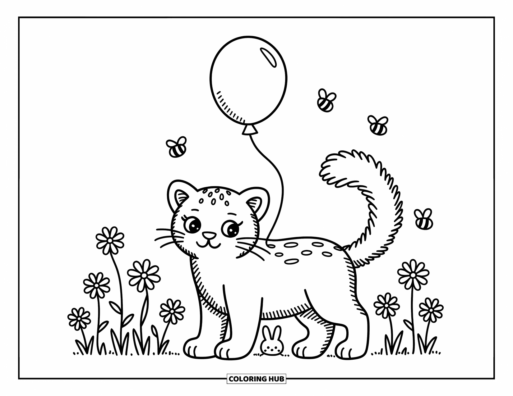Panther Coloring Page for Adults: A balloon sways from a panther's tail in a flower field with bees and a bunny