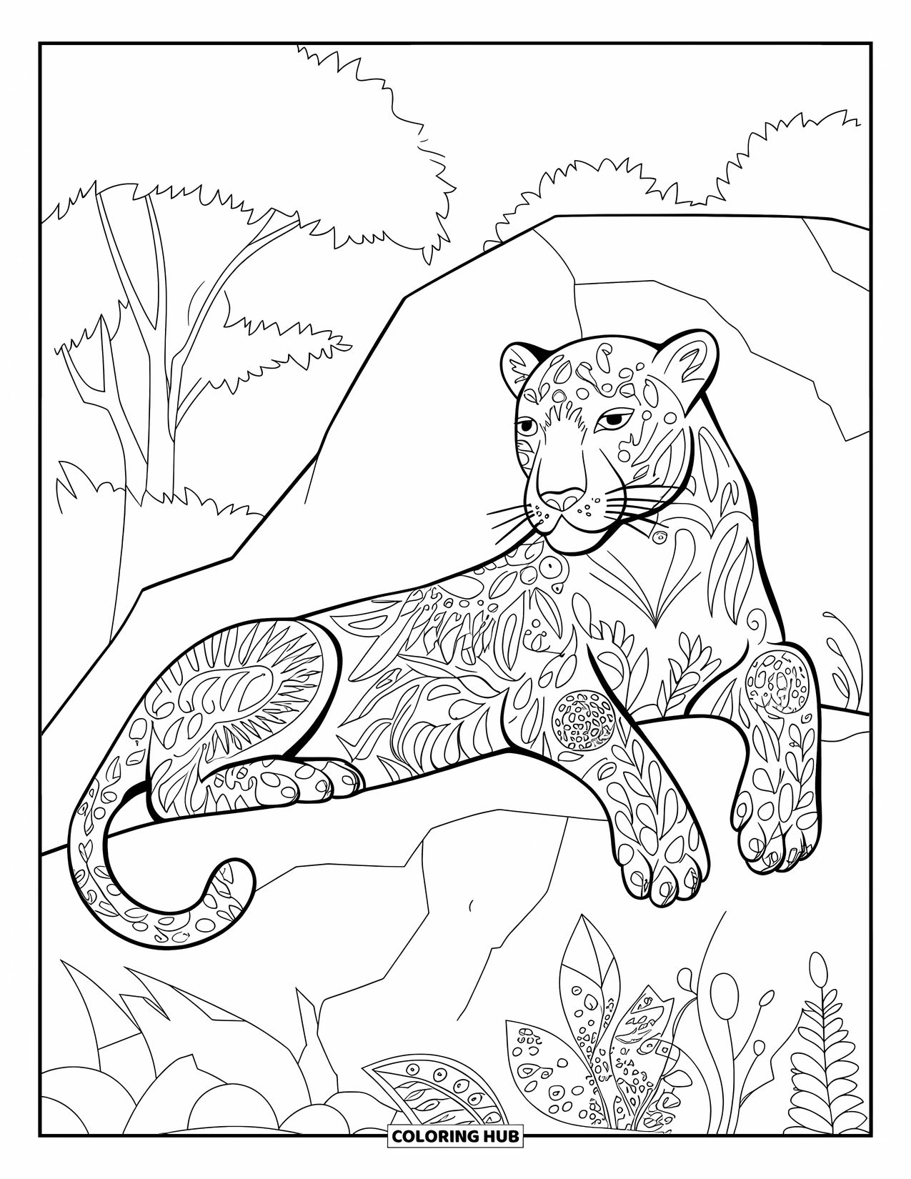 Panther Coloring Page for Adults: A calm panther rests in a tangle of leafy botanical swirls and forest elements