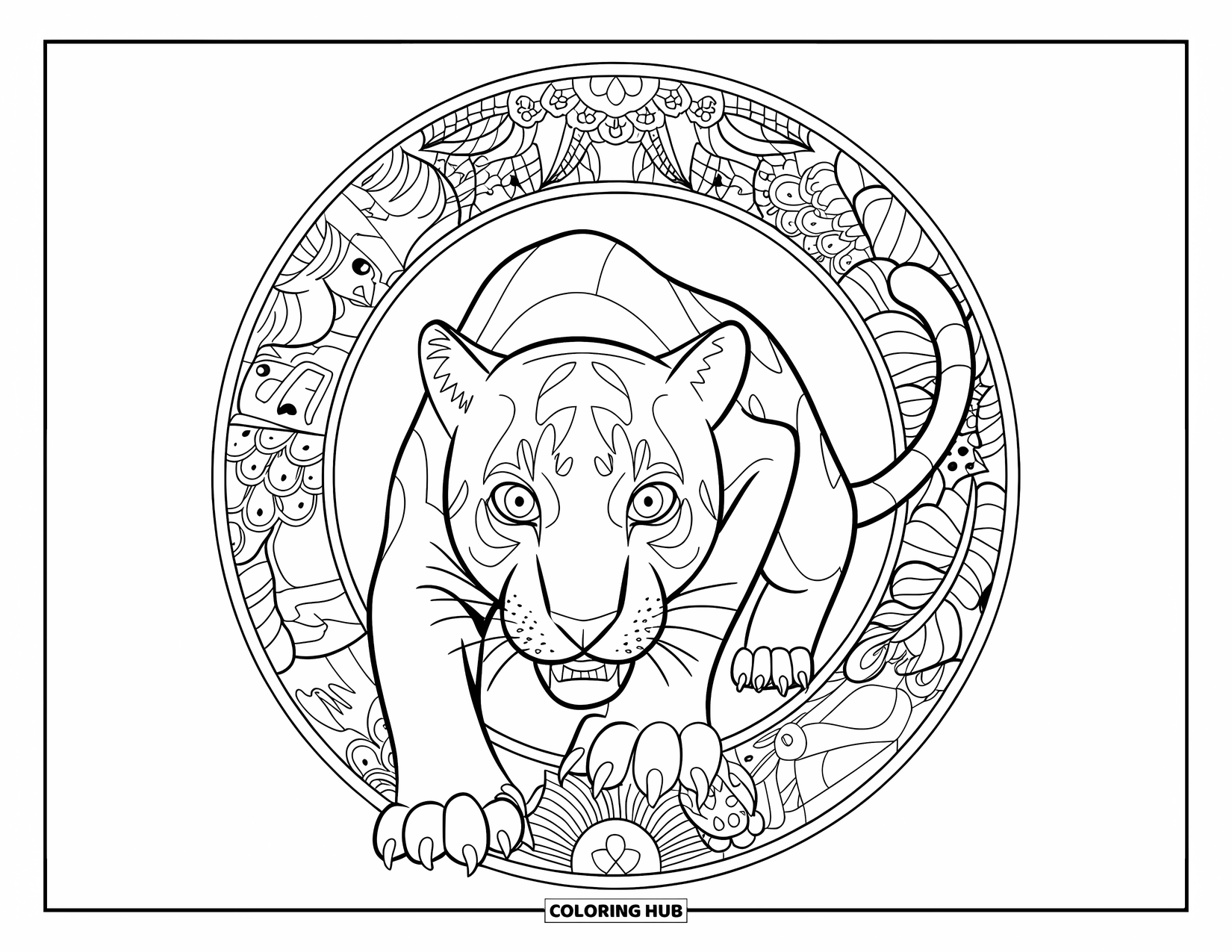 Panther Coloring Page for Adults: A crouching panther bares its teeth inside a circular mandala of jungle plants and animals