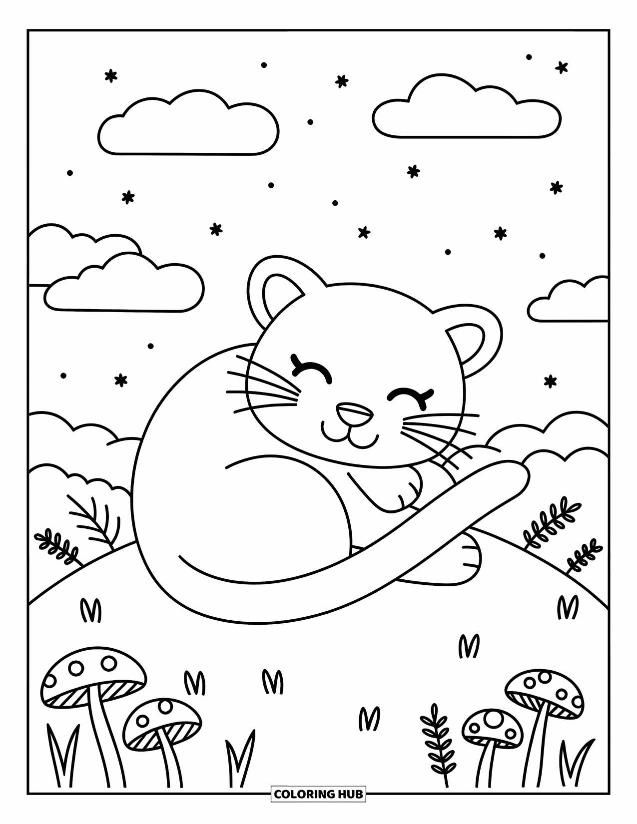 Panther Coloring Page for Adults: A cute cub with big eyes sits on a rock among leaves and flowers