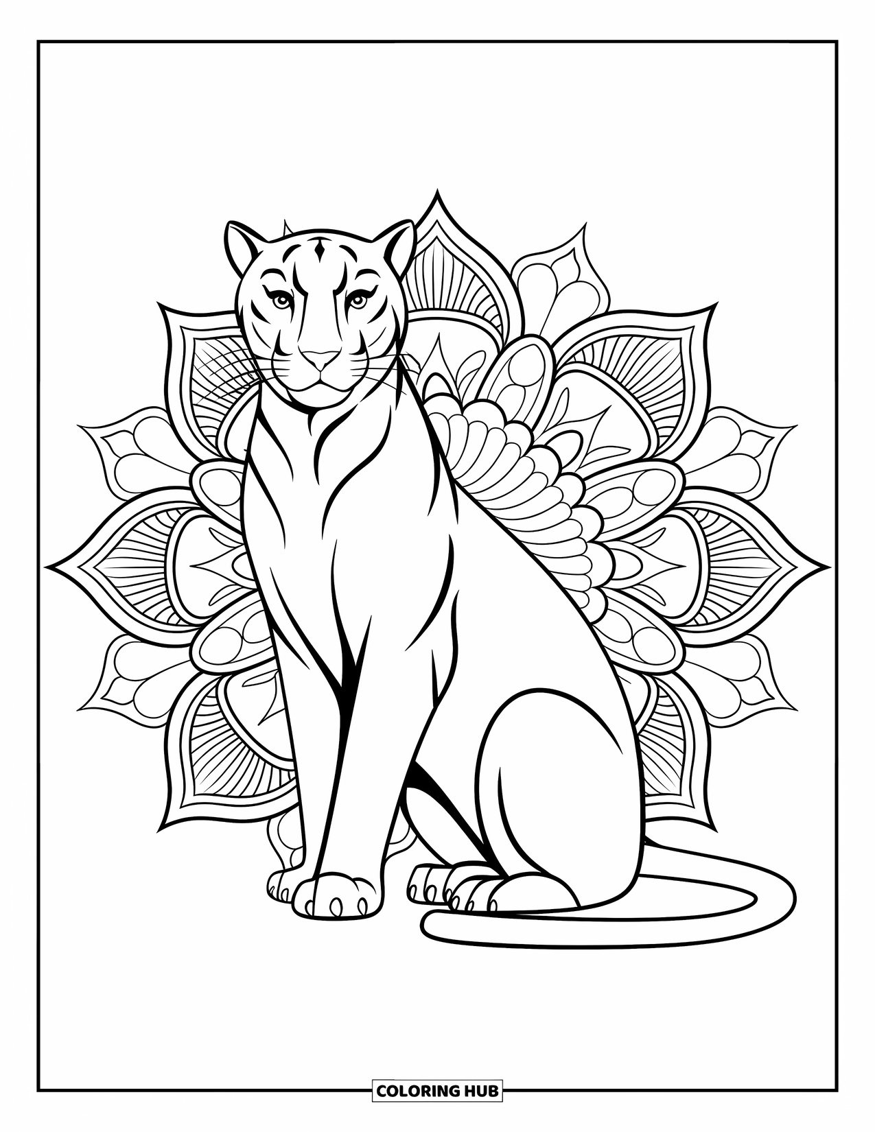 Panther Coloring Page for Adults: A graceful panther sits peacefully, framed by a full mandala of leaves and flowers