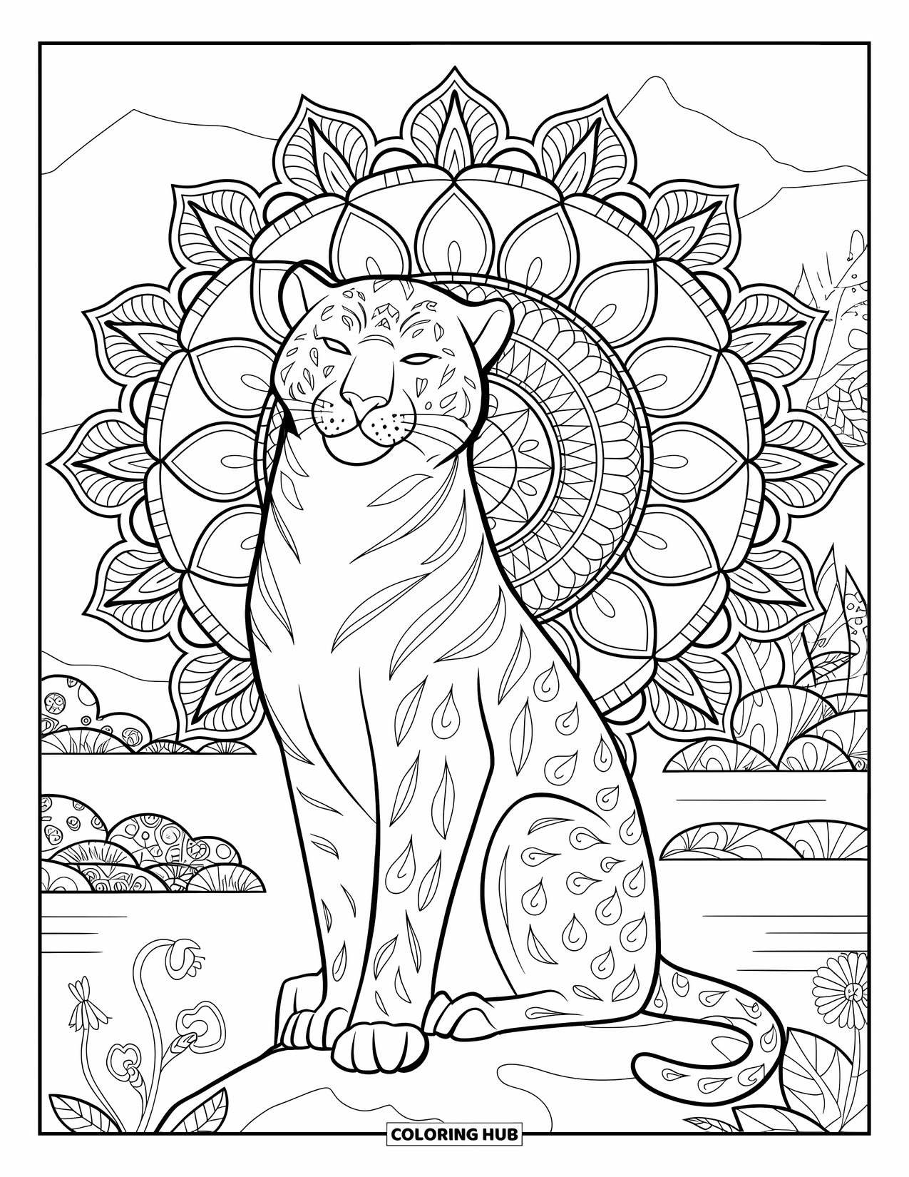 Panther Coloring Page for Adults: A majestic panther sits on a rock, surrounded by a floral mandala and mountain view