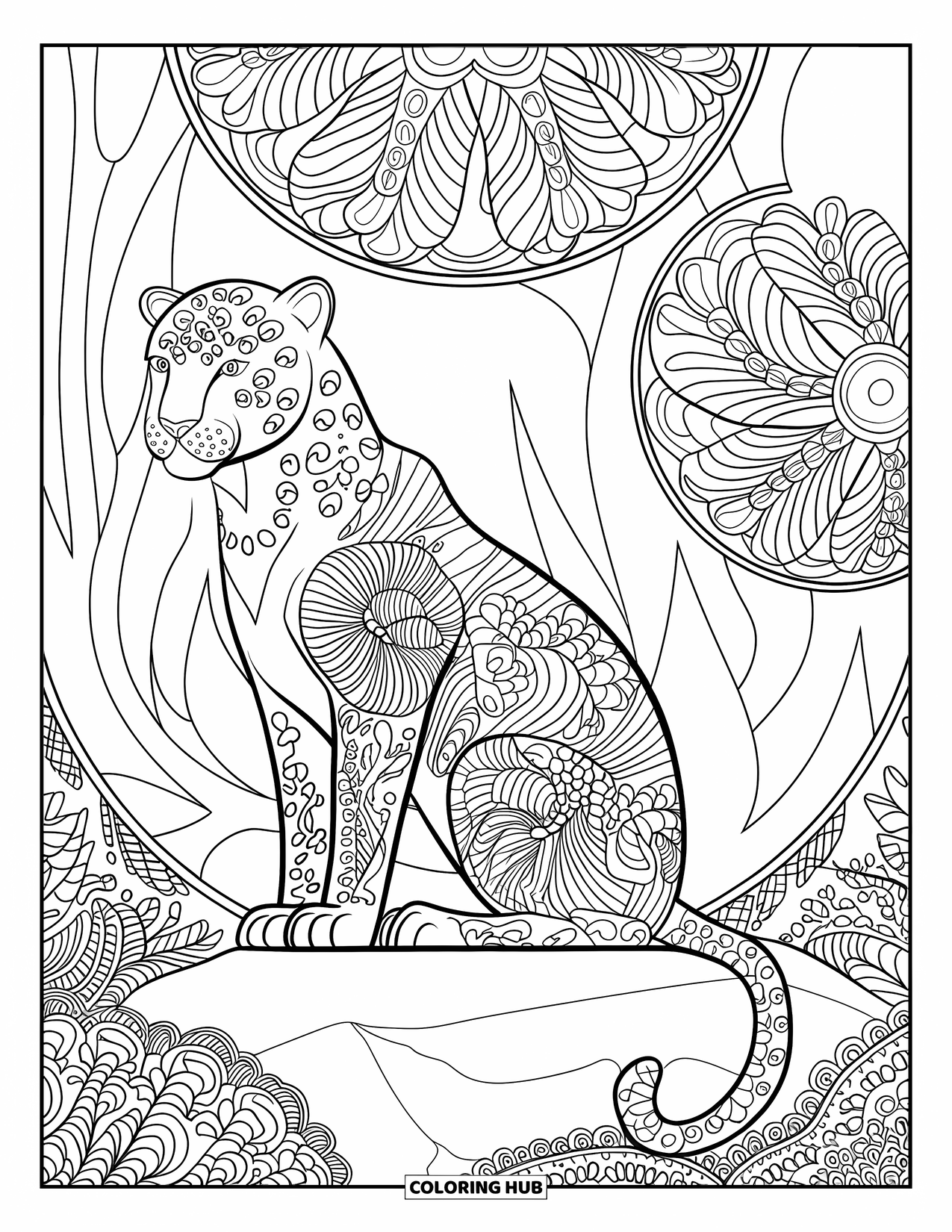 Panther Coloring Page for Adults: A panther sits on a rock, wrapped in detailed leaves and forest mandala patterns