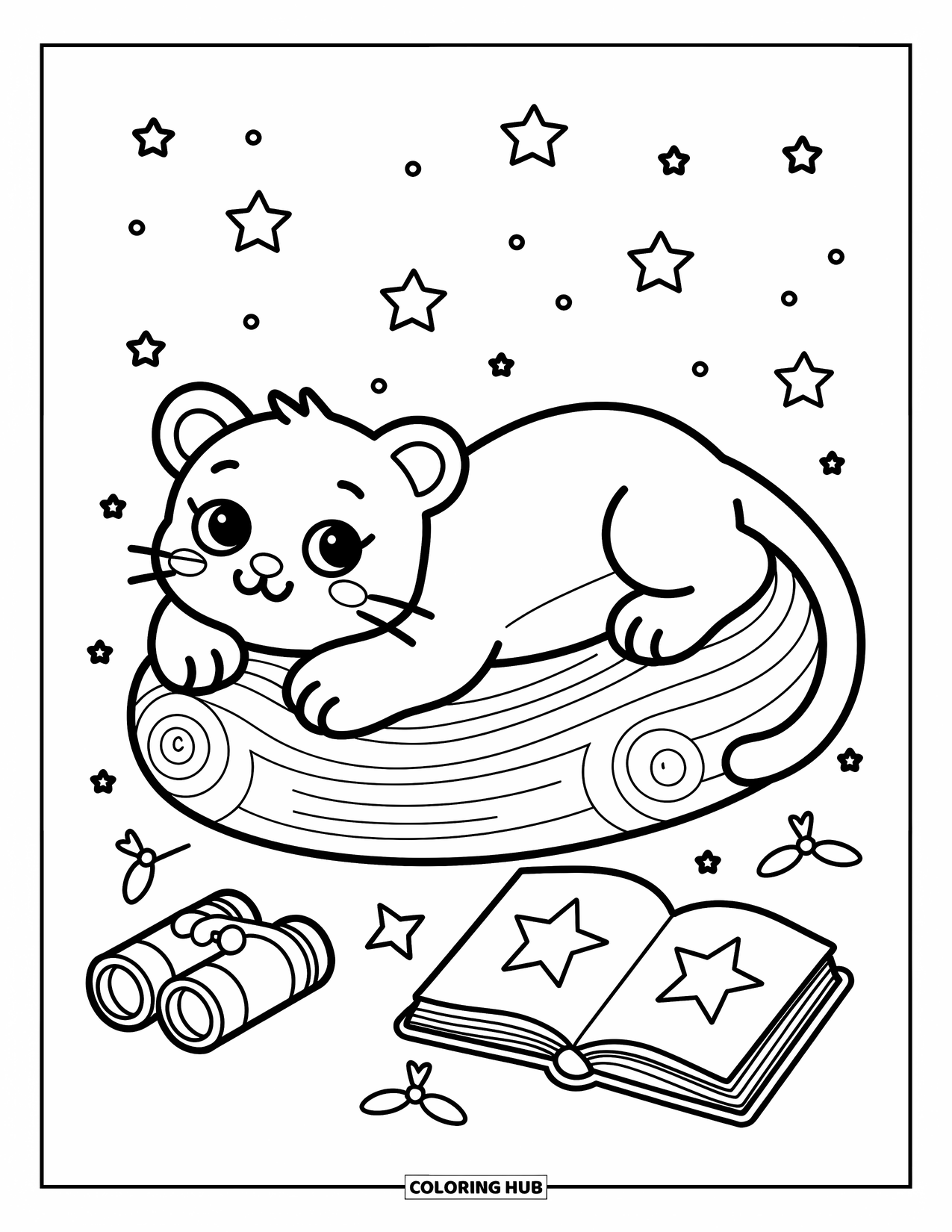 Panther Coloring Page for Adults: A panther stargazes on a log with a book, cushion, and glowing fireflies