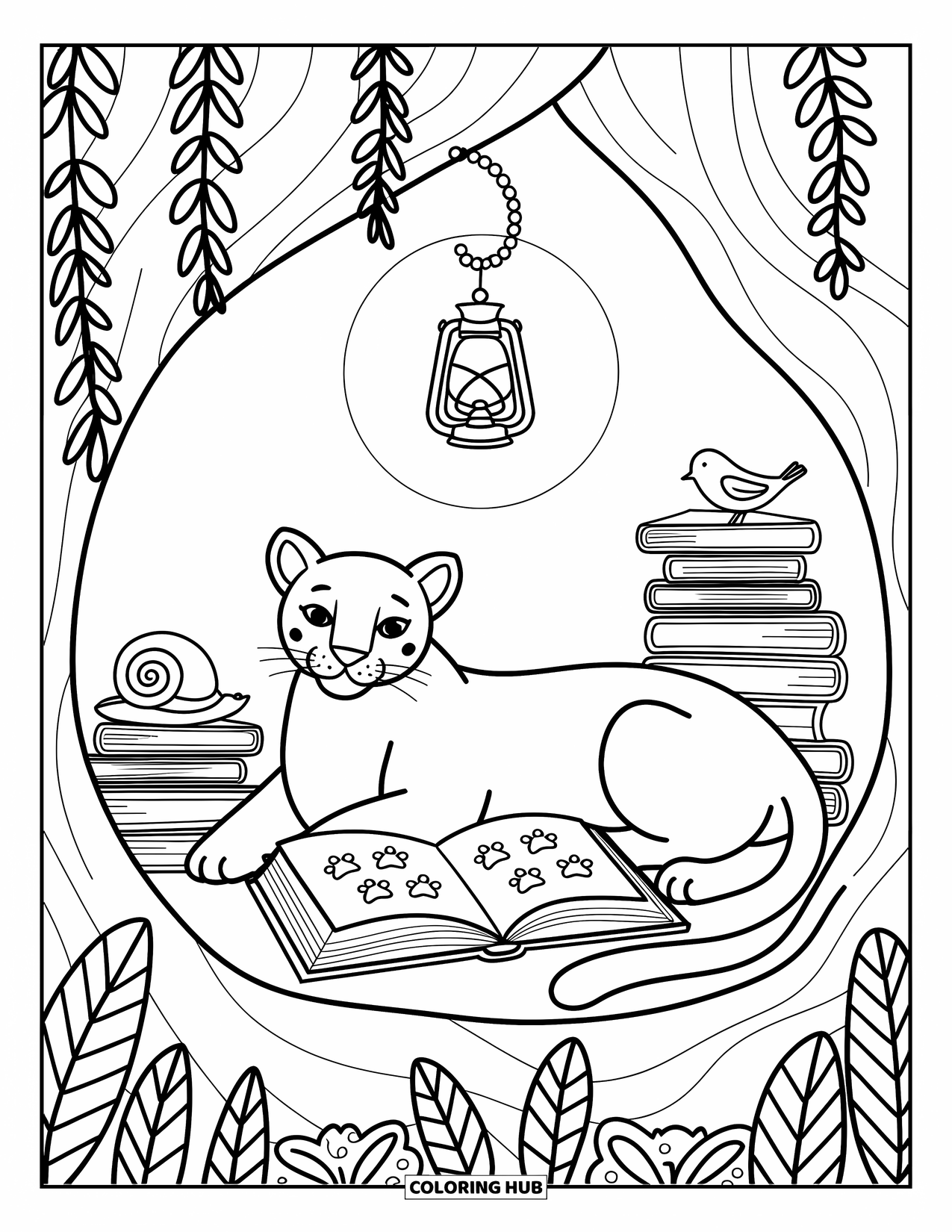 Panther Coloring Page for Adults: A peaceful panther reads beside a lantern, with critters and books around