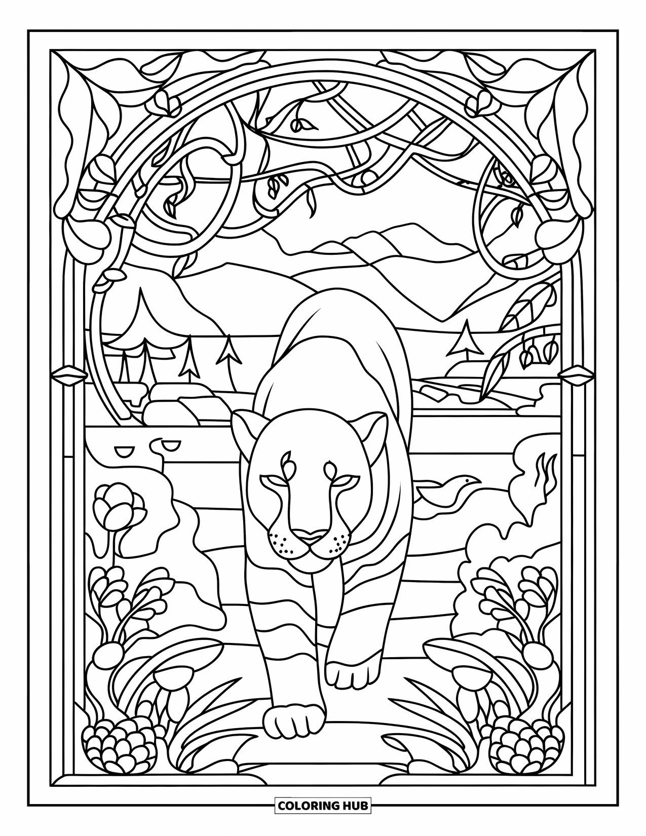 Panther Coloring Page for Adults: A peaceful panther walks within a stained-glass jungle frame filled with flowers and animals