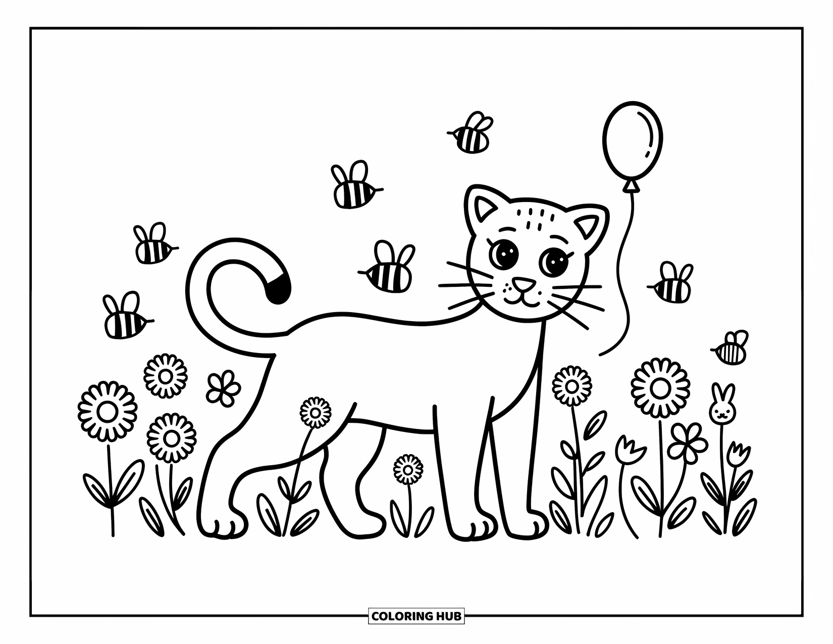 Panther Coloring Page for Adults: A proud panther stands in a flower field with a balloon tied to its tail