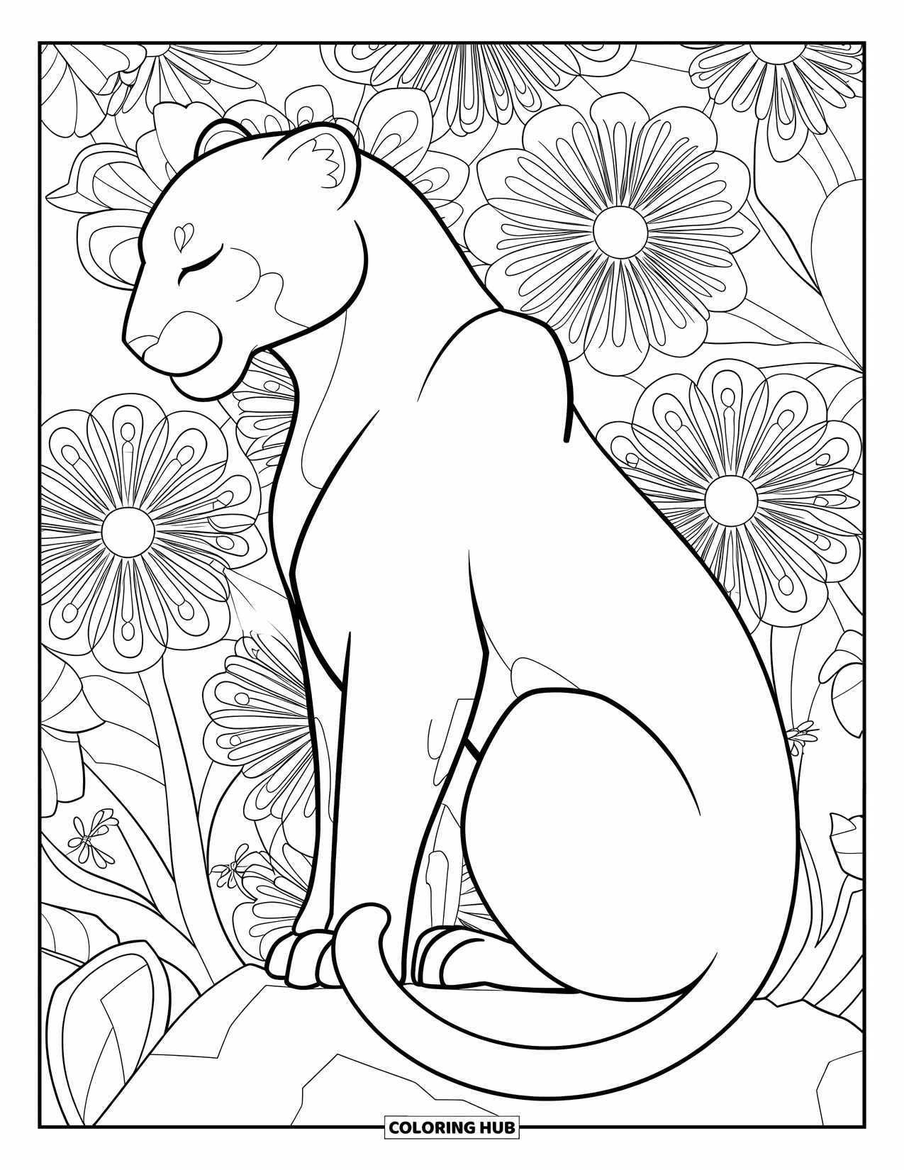 Panther Coloring Page for Adults: A quiet panther sits on a rock among blooming mandala-style flowers