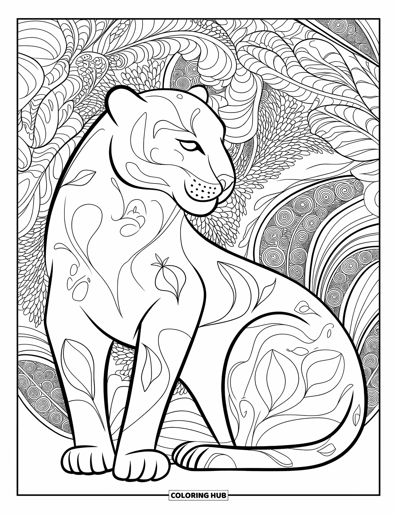Panther Coloring Page for Adults: A relaxed panther is surrounded by swirling, patterned jungle leaves and vines