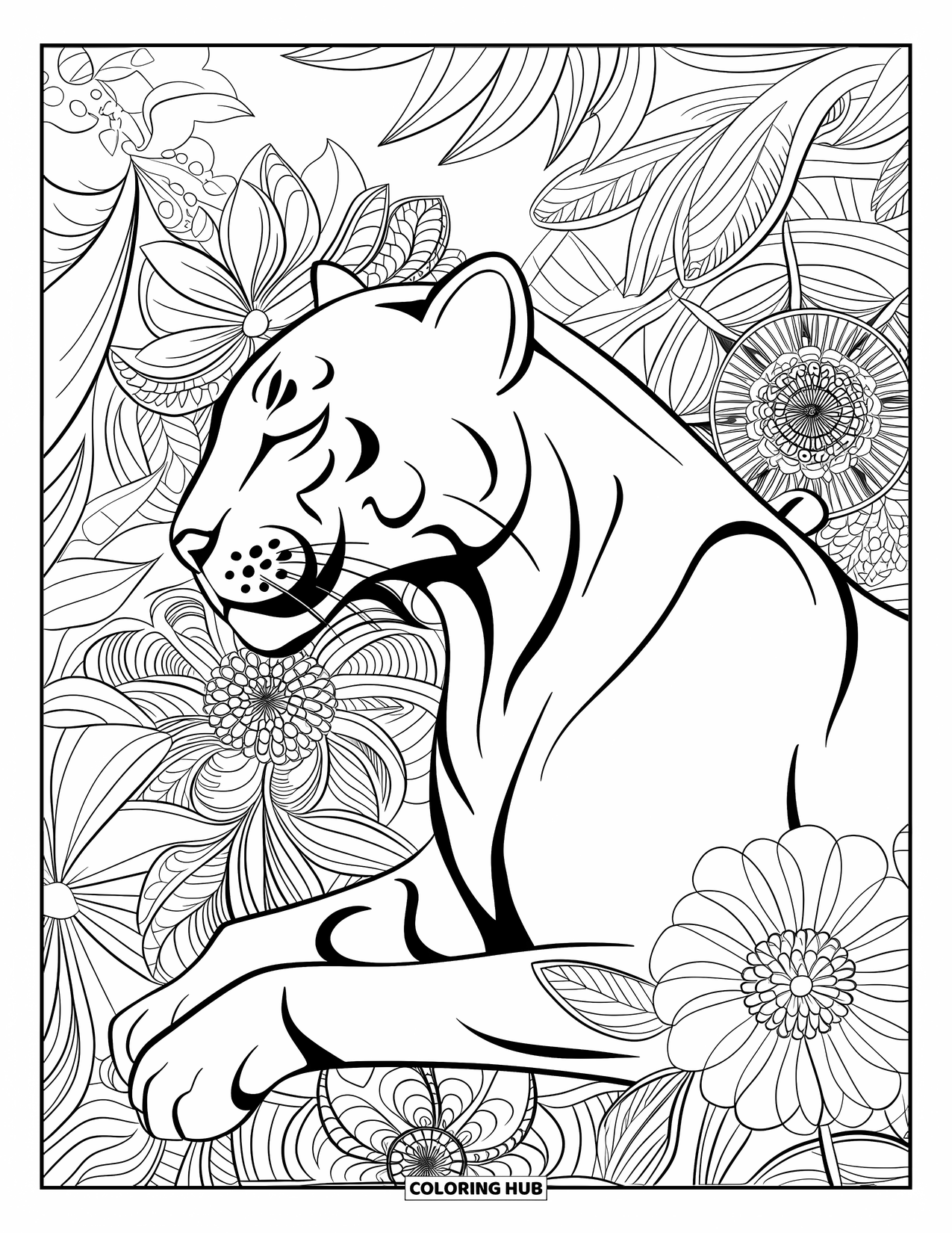 Panther Coloring Page for Adults: A serene panther profile is framed by blooming jungle mandala flowers