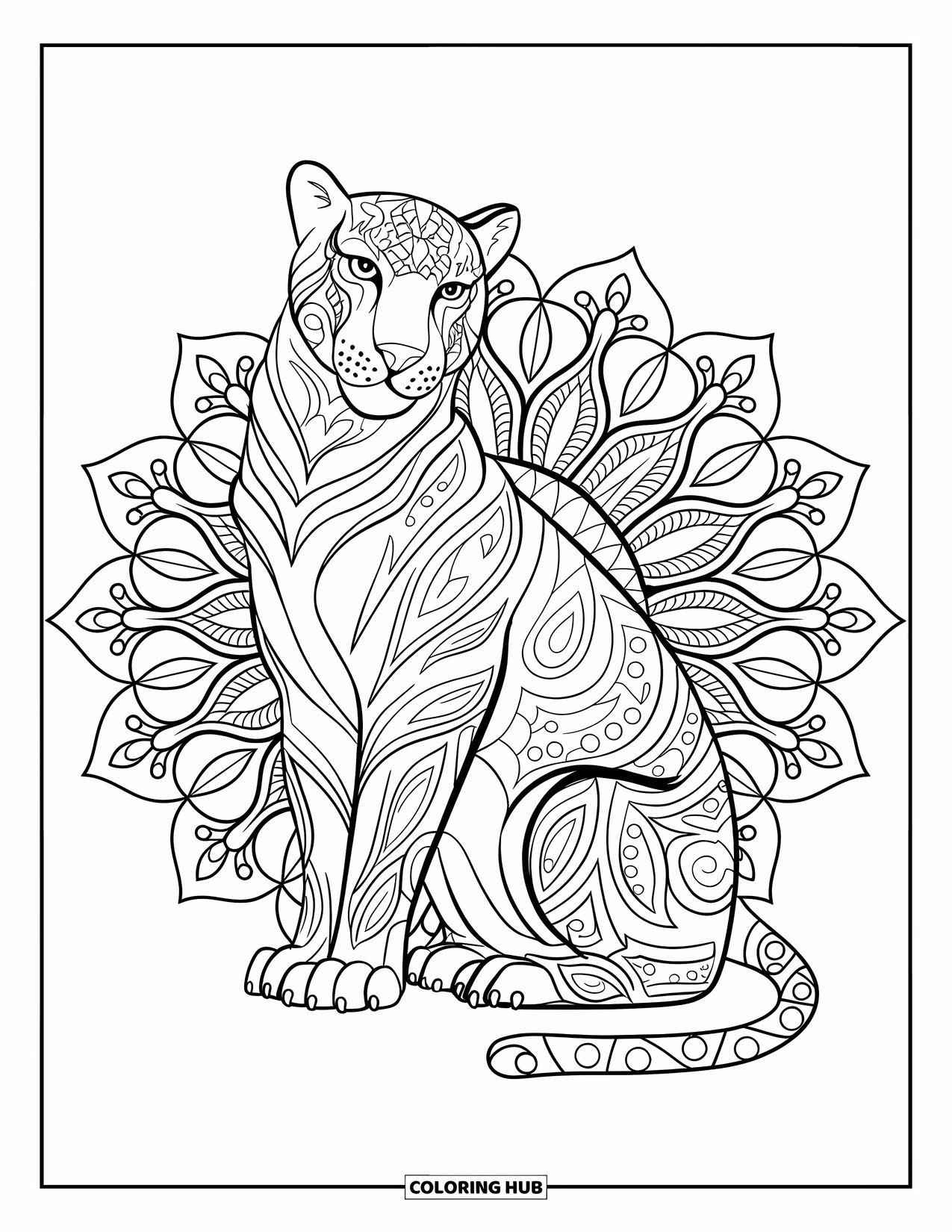 Panther Coloring Page for Adults: A sitting panther is centered in a floral mandala filled with artistic jungle details