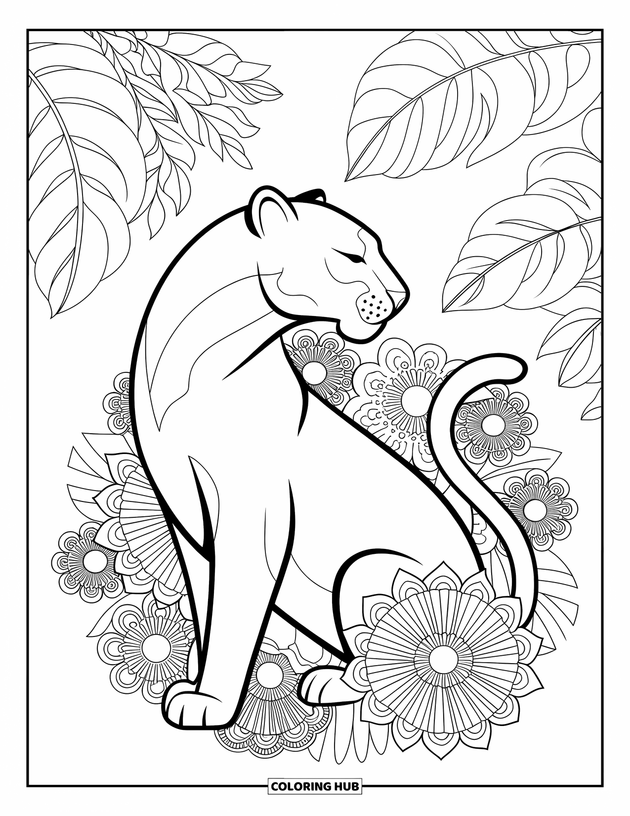 Panther Coloring Page for Adults: A sitting panther rests in a circle of jungle flowers and mandala details