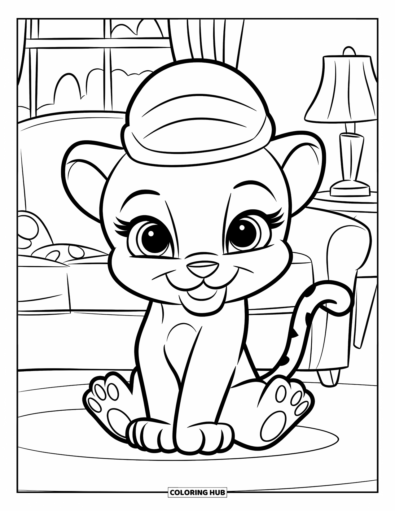 Panther Coloring Page for Kids: A baby panther in a cozy room sits with its tail curled and a little hat on