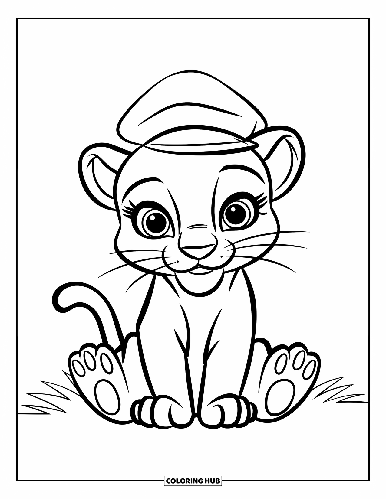 Panther Coloring Page for Kids: A baby panther with a tiny hat sits calmly with its tail curled