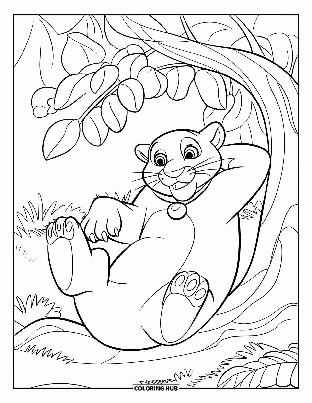Panther Coloring Page for Kids: A cheerful panther with a collar rests under a shady tree in the forest