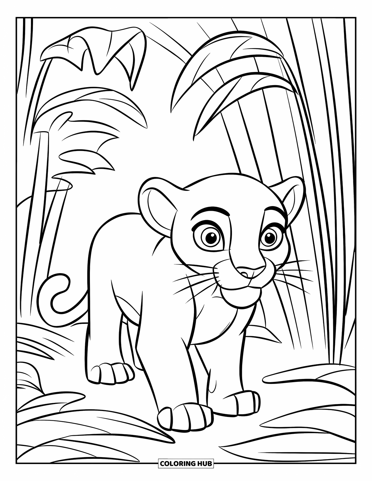 Panther Coloring Page for Kids: A curious cub walks across leafy ground, surrounded by tall, curly jungle leaves
