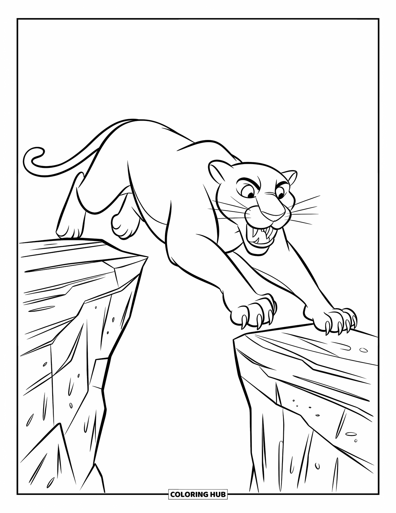 Panther Coloring Page for Kids: A fierce panther leaps between rocky cliffs with teeth bared