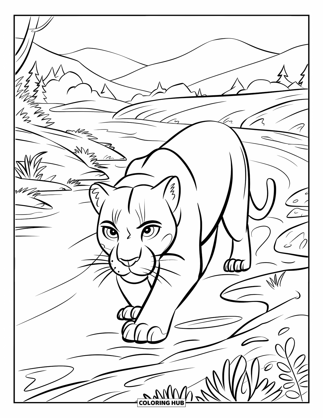 Panther Coloring Page for Kids: A focused panther walks by the riverbank, surrounded by plants and distant mountains