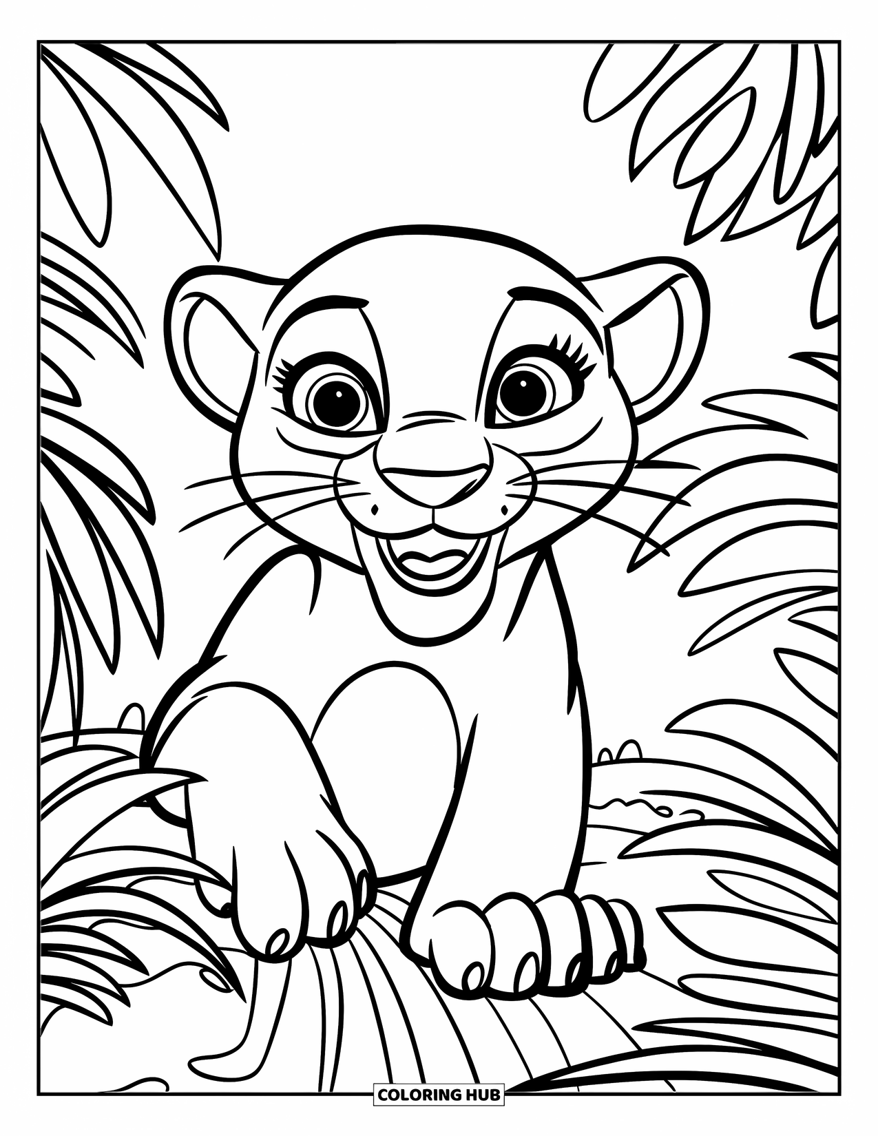 Panther Coloring Page for Kids: A happy cub peeks through grass with a playful look