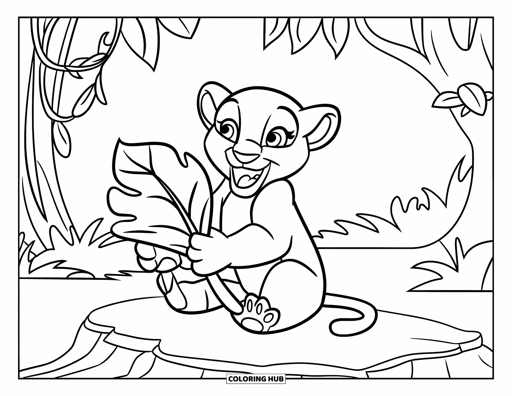 Panther Coloring Page for Kids: A happy panther cub plays with a big leaf while sitting on a rock