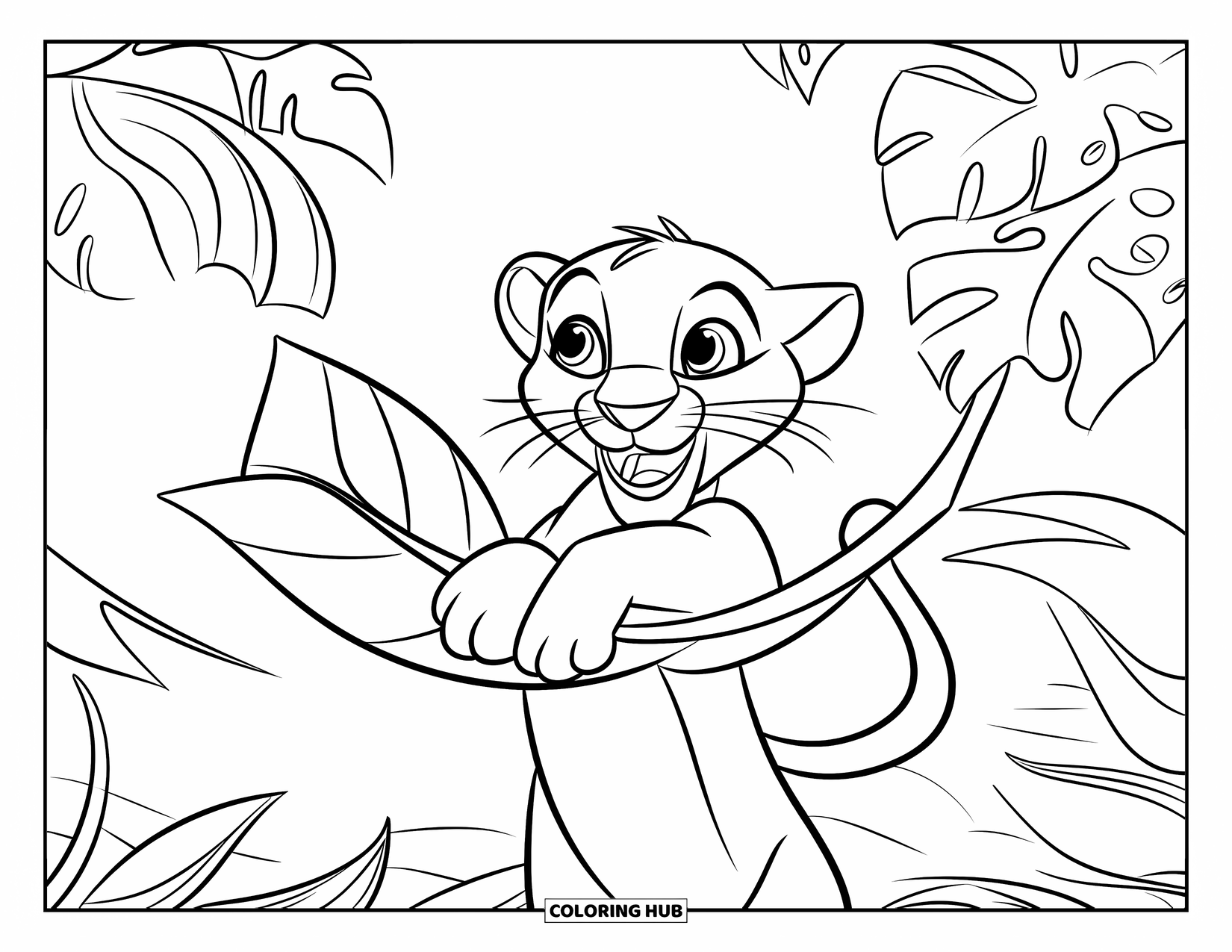 Panther Coloring Page for Kids: A joyful cub grins while playing with a big leaf among jungle plants