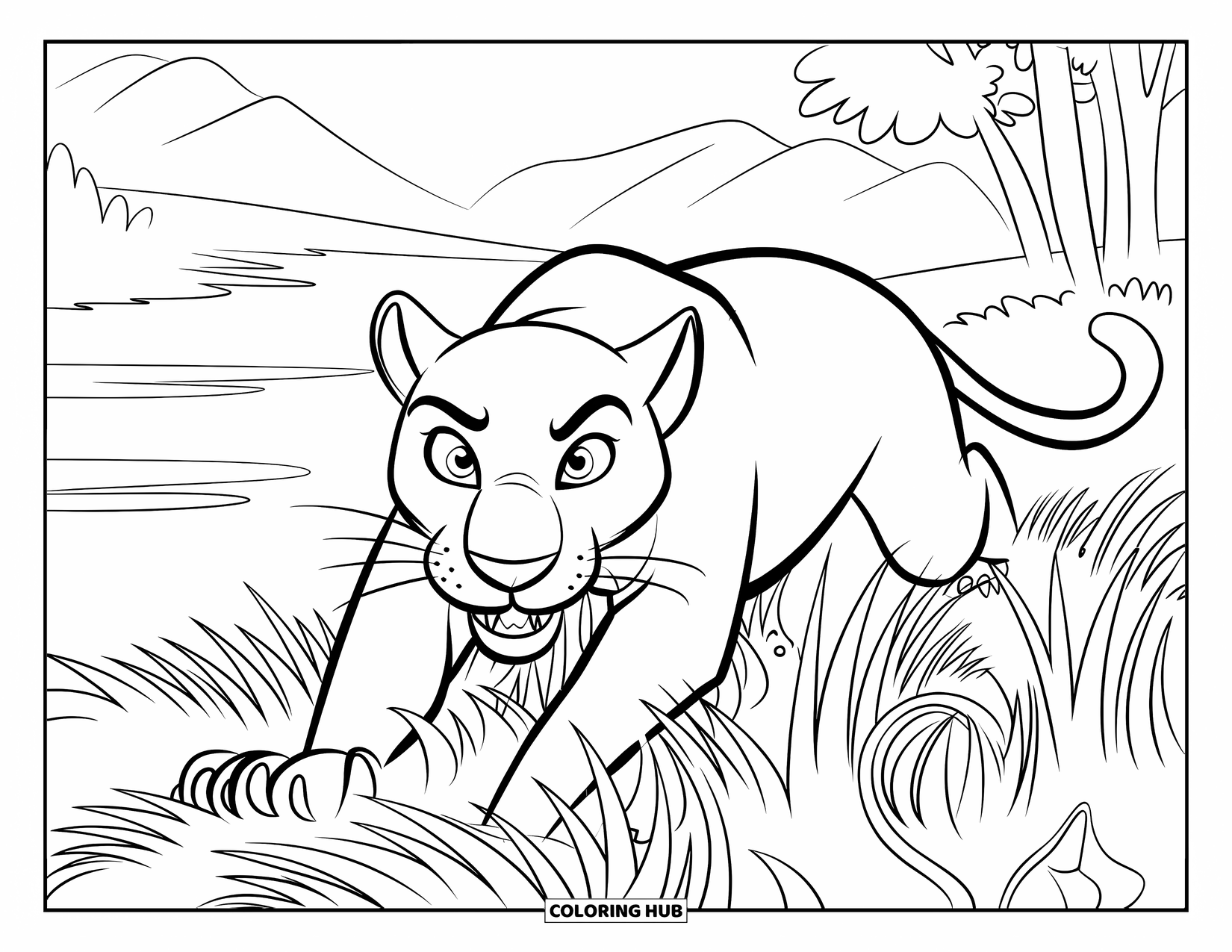 Panther Coloring Page for Kids: A panther crouches in thick grass near mountains and water, teeth bared