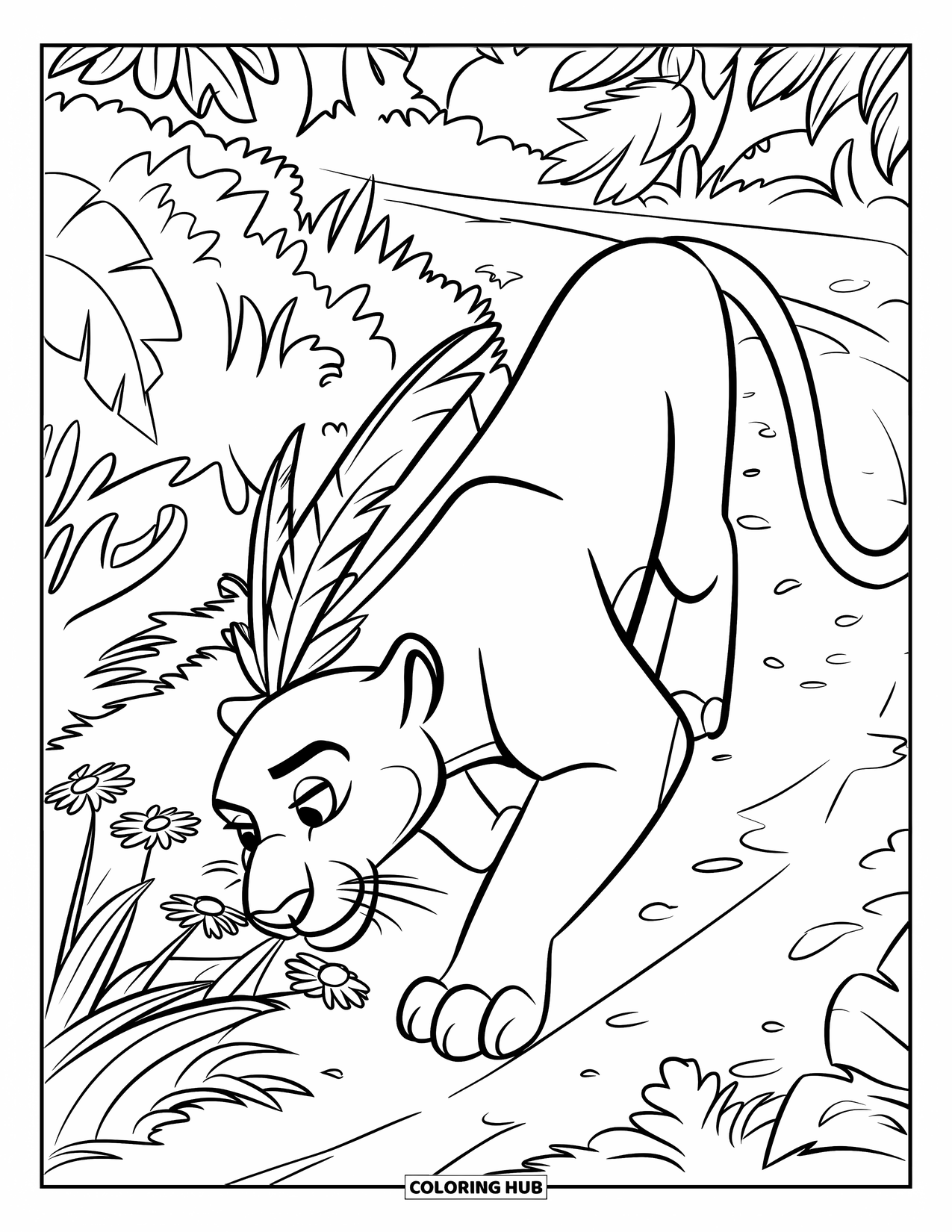 Panther Coloring Page for Kids: A panther in a feathered headdress sniffs flowers along a quiet jungle trail