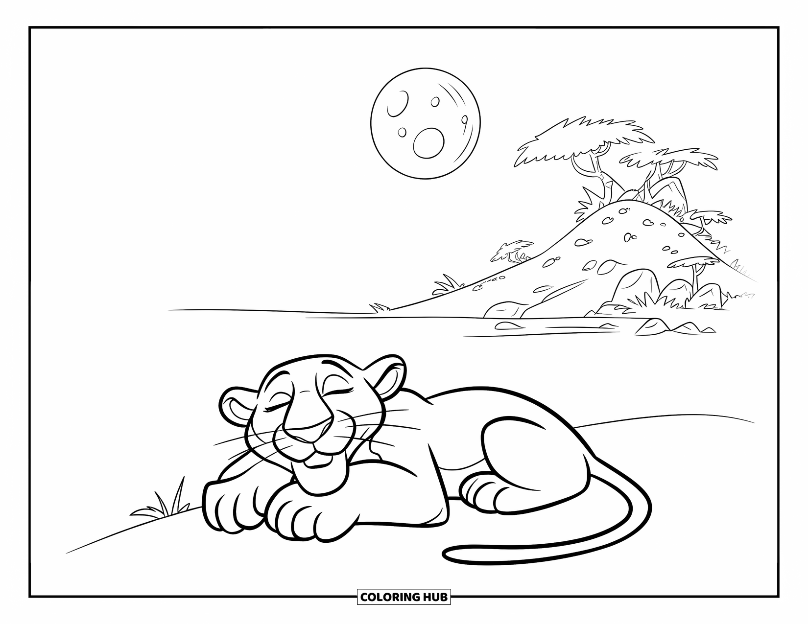Panther Coloring Page for Kids: A panther lies under the moonlight, surrounded by trees and soft shadows