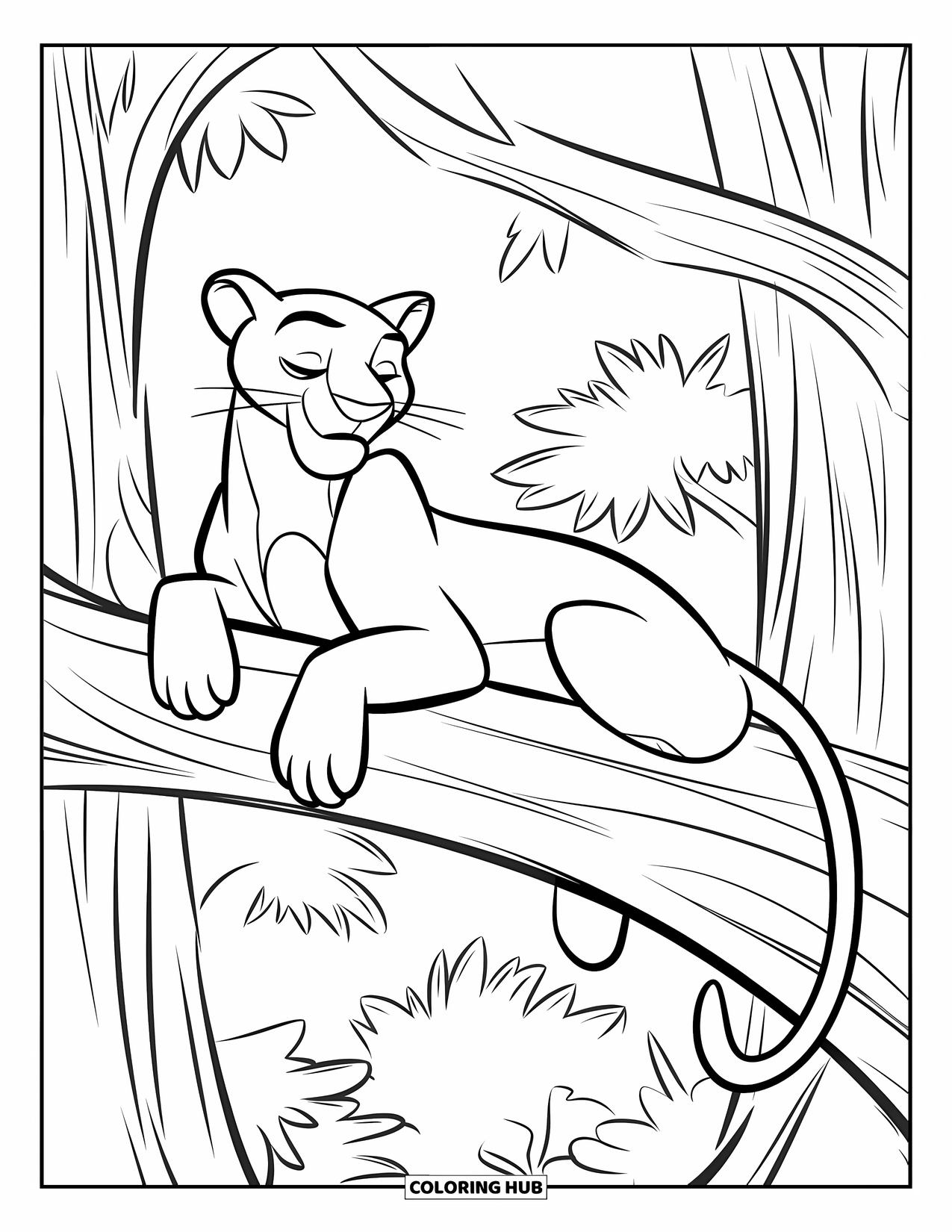 Panther Coloring Page for Kids: A panther relaxes on a tree branch, surrounded by shadows and forest trees