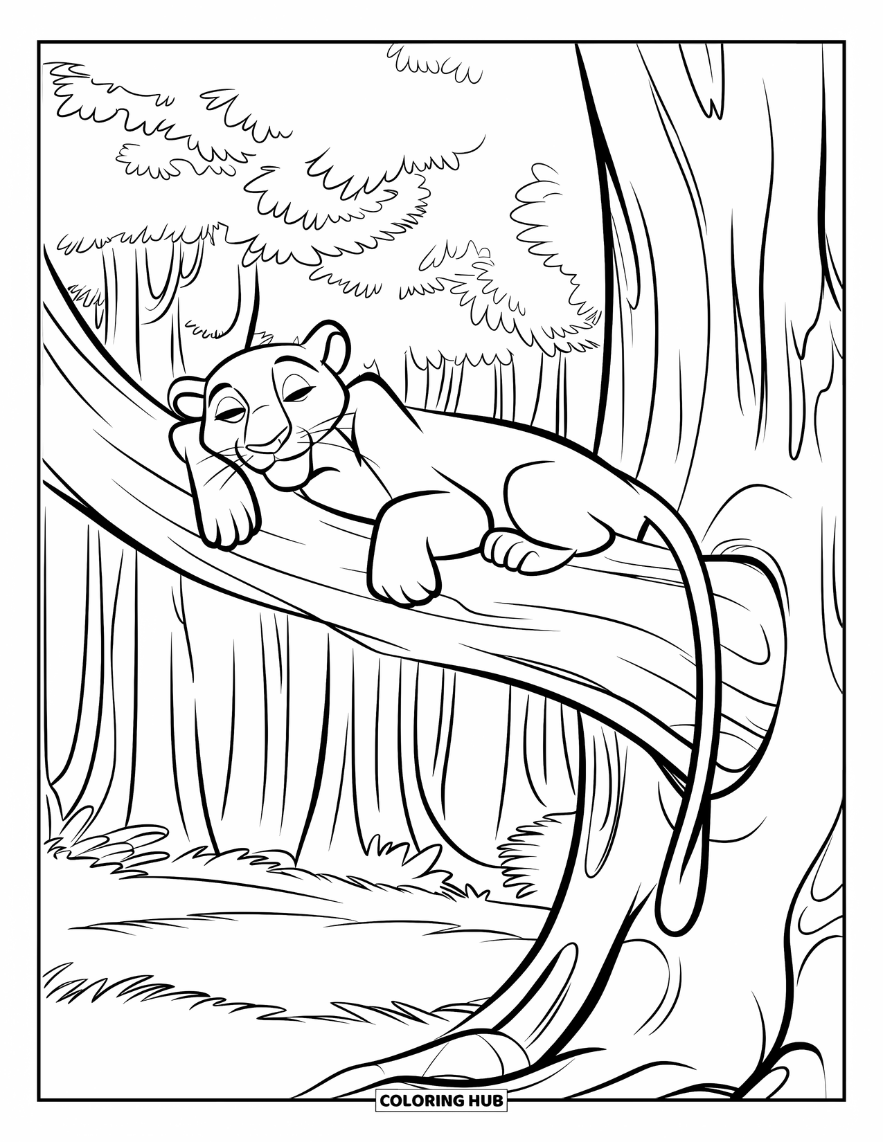 Panther Coloring Page for Kids: A panther rests on a sturdy branch, surrounded by tall trees in a calm forest