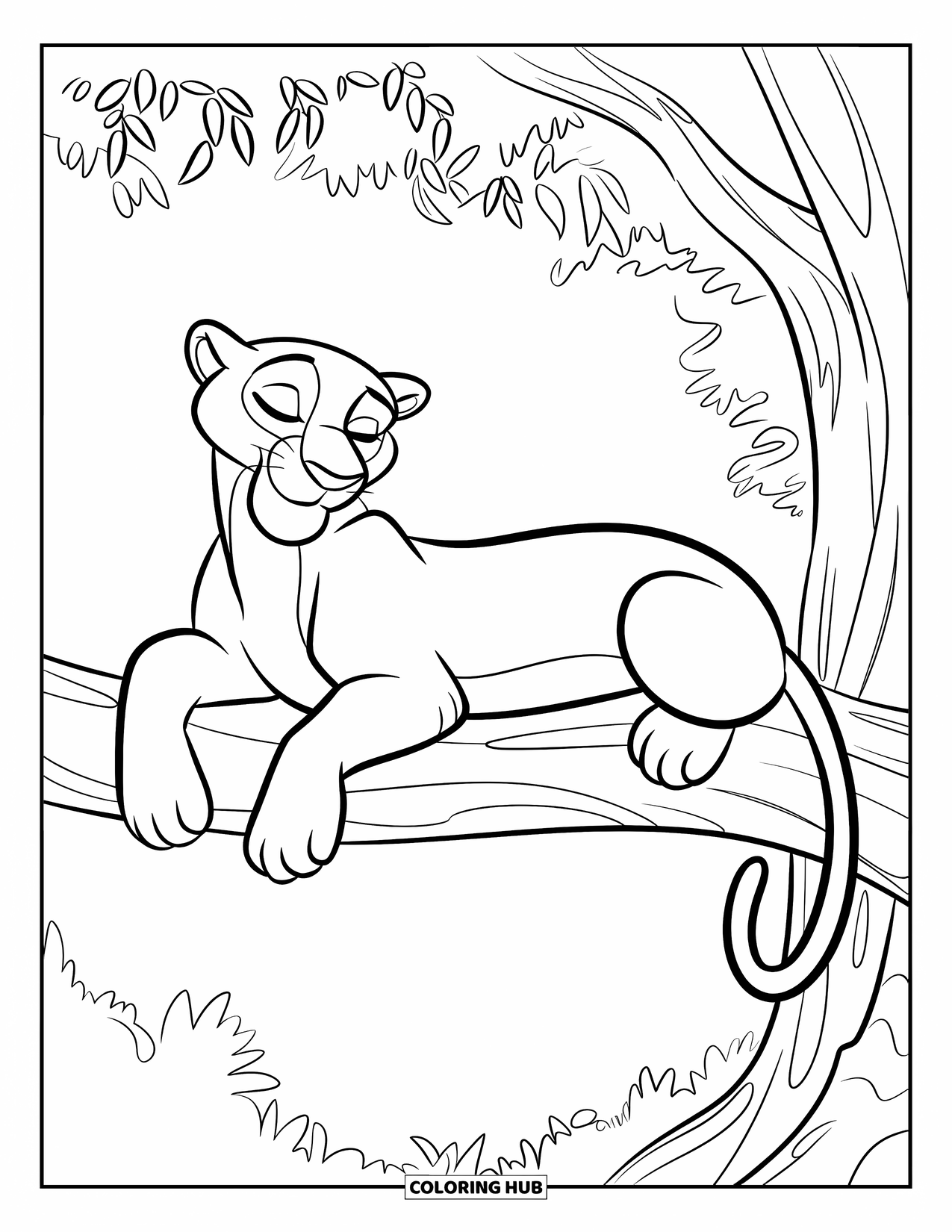 Panther Coloring Page for Kids: A panther rests on a tree limb, eyes closed beneath leafy branches