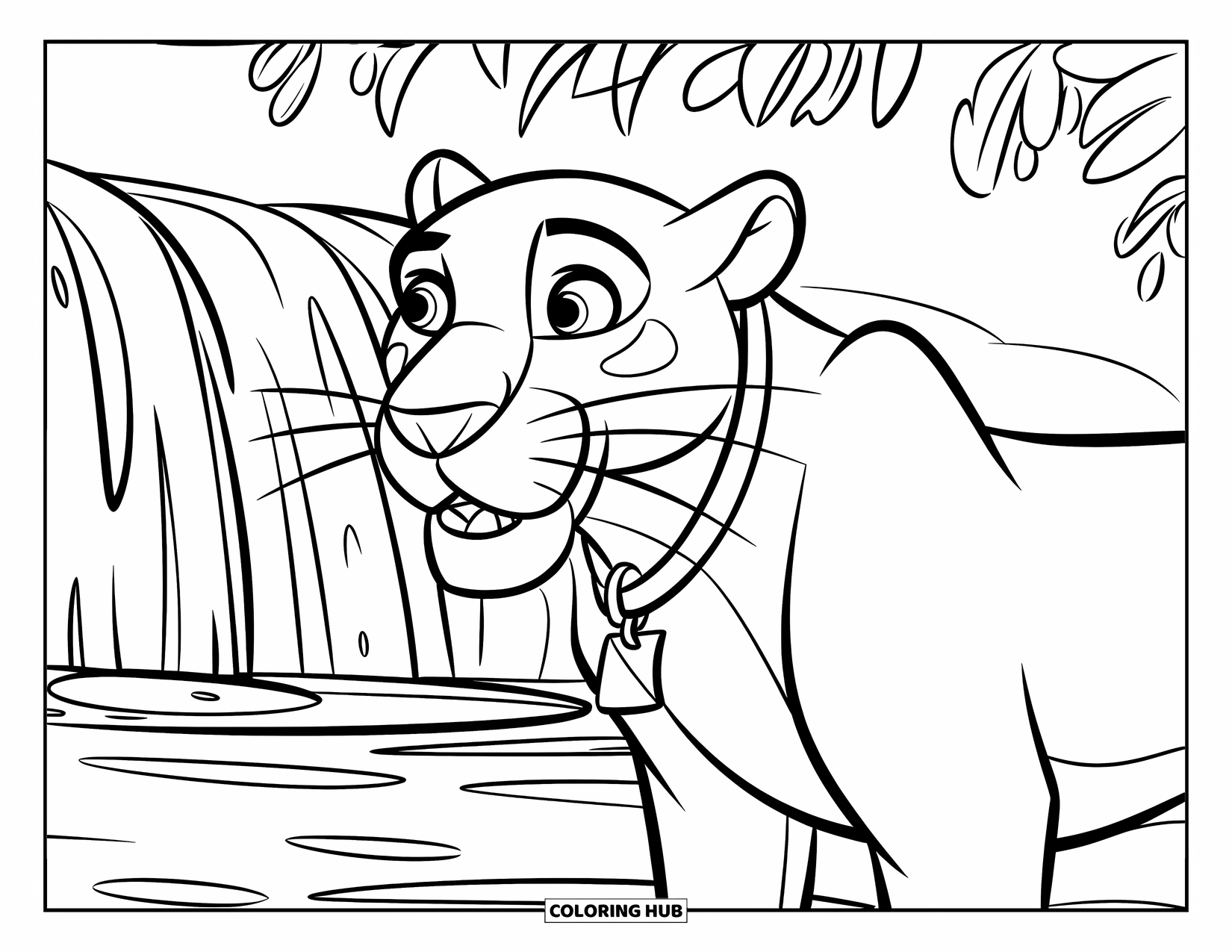 Panther Coloring Page for Kids: A panther stands by a jungle waterfall, mouth open and collar showing