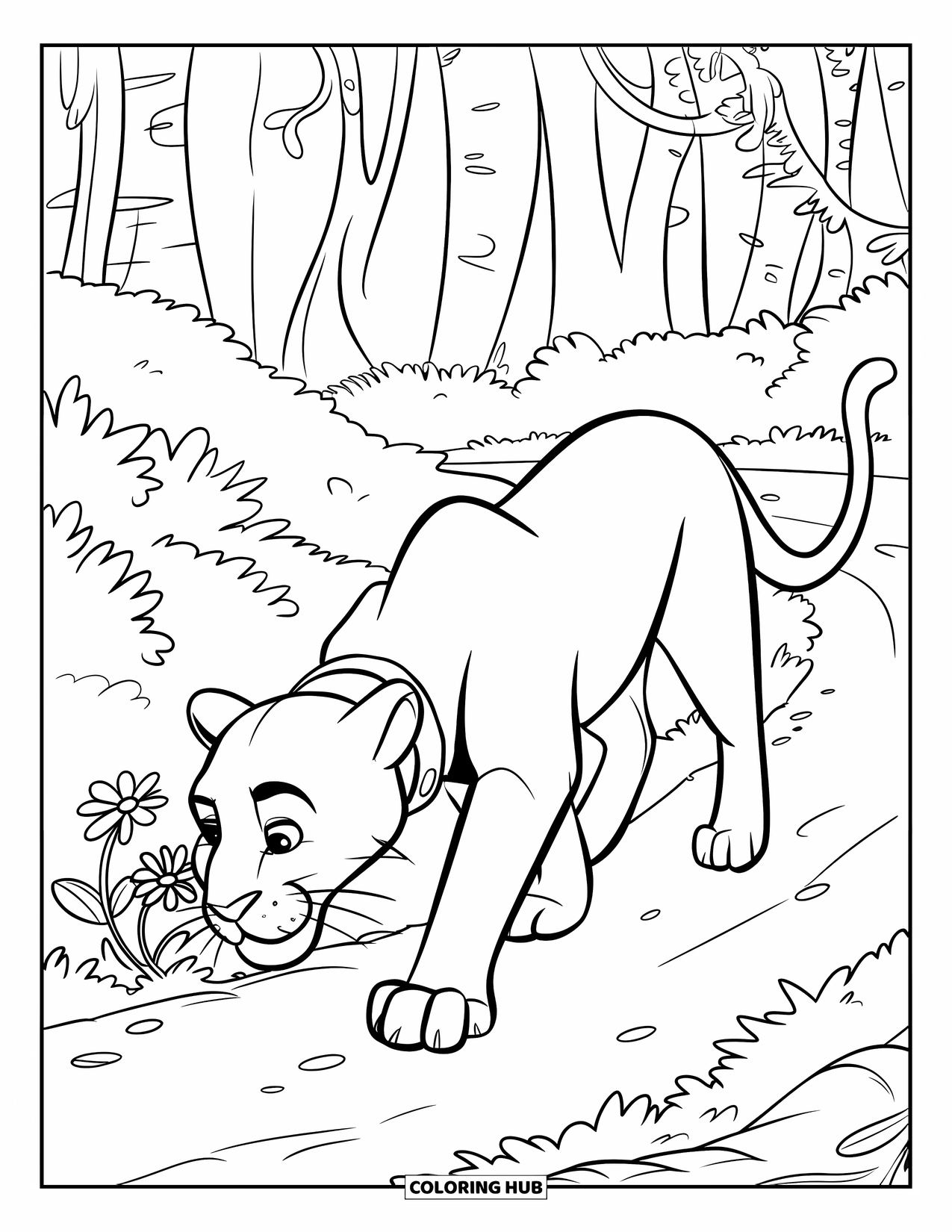 Panther Coloring Page for Kids: A panther with a collar sniffs flowers along a jungle path